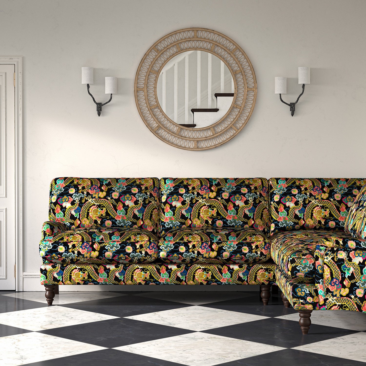 Velvet sofa upholstered in a printed velvet fabric with a intricate mirror dragon design in multicolours.