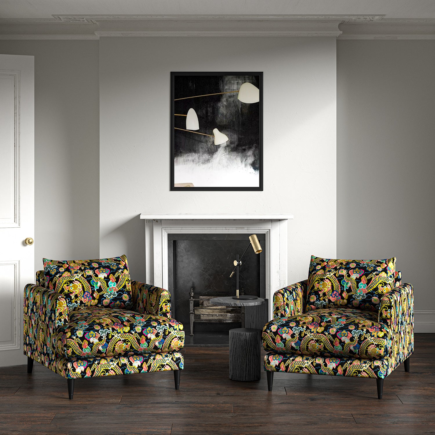 Velvet armchairs upholstered in a printed velvet fabric with a intricate mirror dragon design in multicolours.