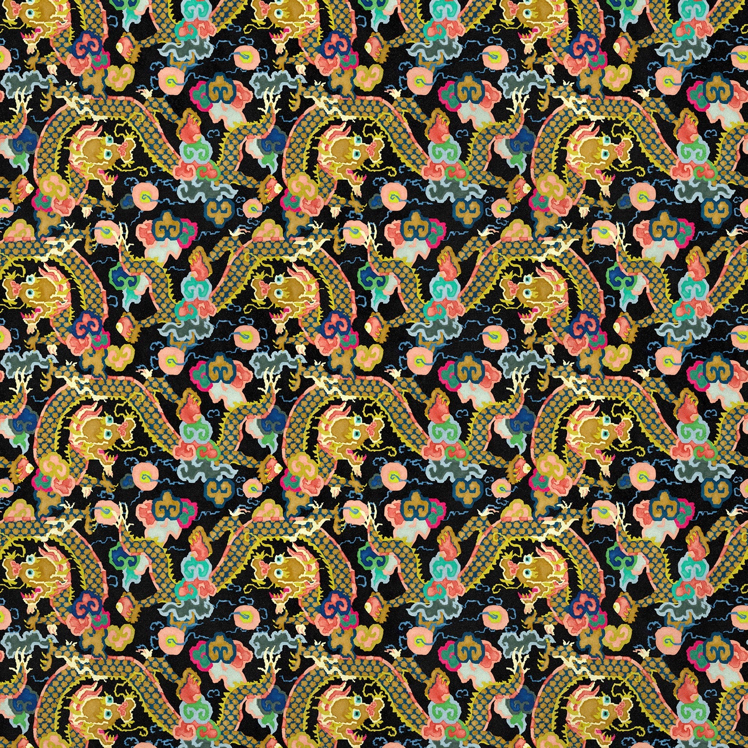 Printed velvet fabric with intricate mirror dragon design in multicolours, for upholstery and curtain use.