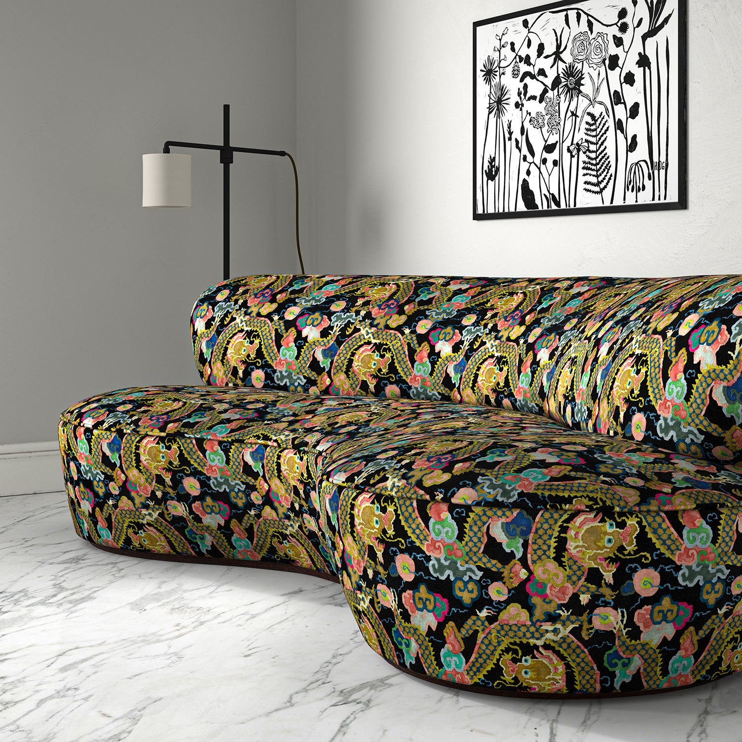 Velvet sofa upholstered in a printed velvet fabric with a intricate mirror dragon design in multicolours.