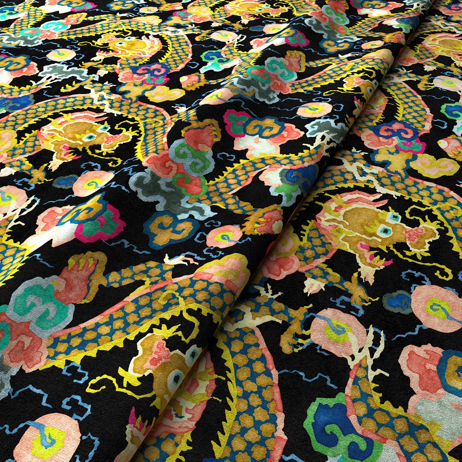 Printed velvet fabric with intricate mirror dragon design in multicolours, for upholstery and curtain use.