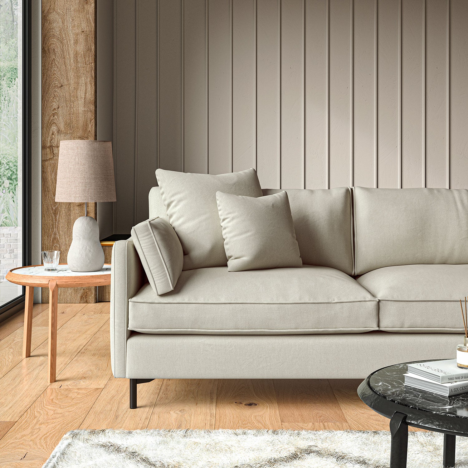 Sofa upholstered in Pearl Grey linen fabric