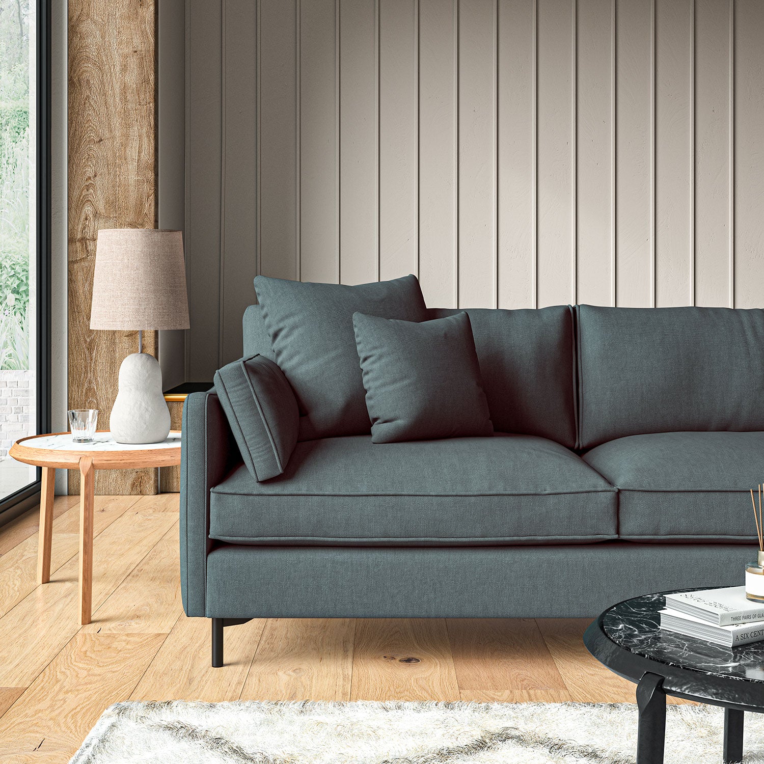 Sofa upholstered in Pewter linen fabric