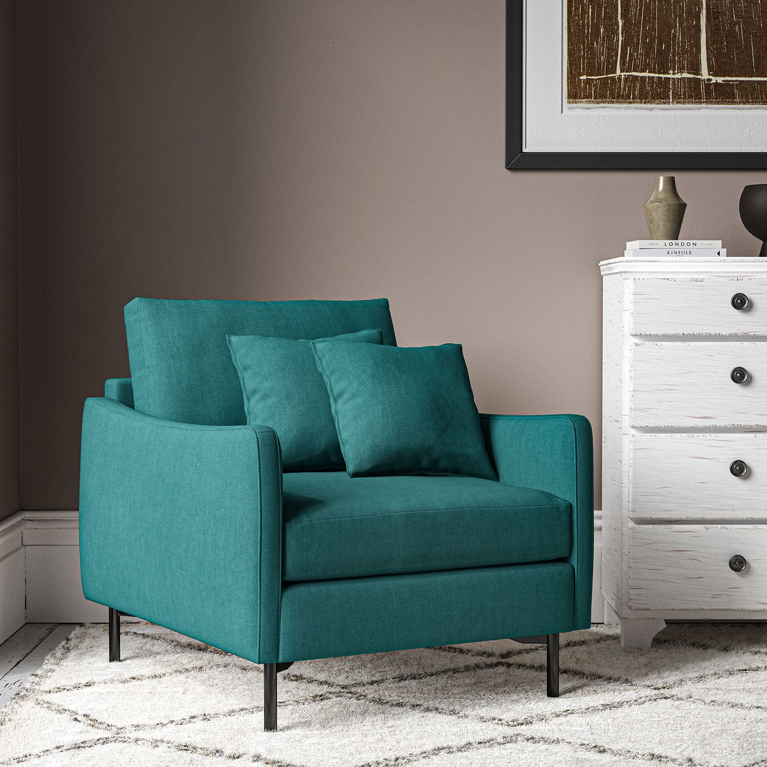 Chair upholstered in Petrol linen fabric