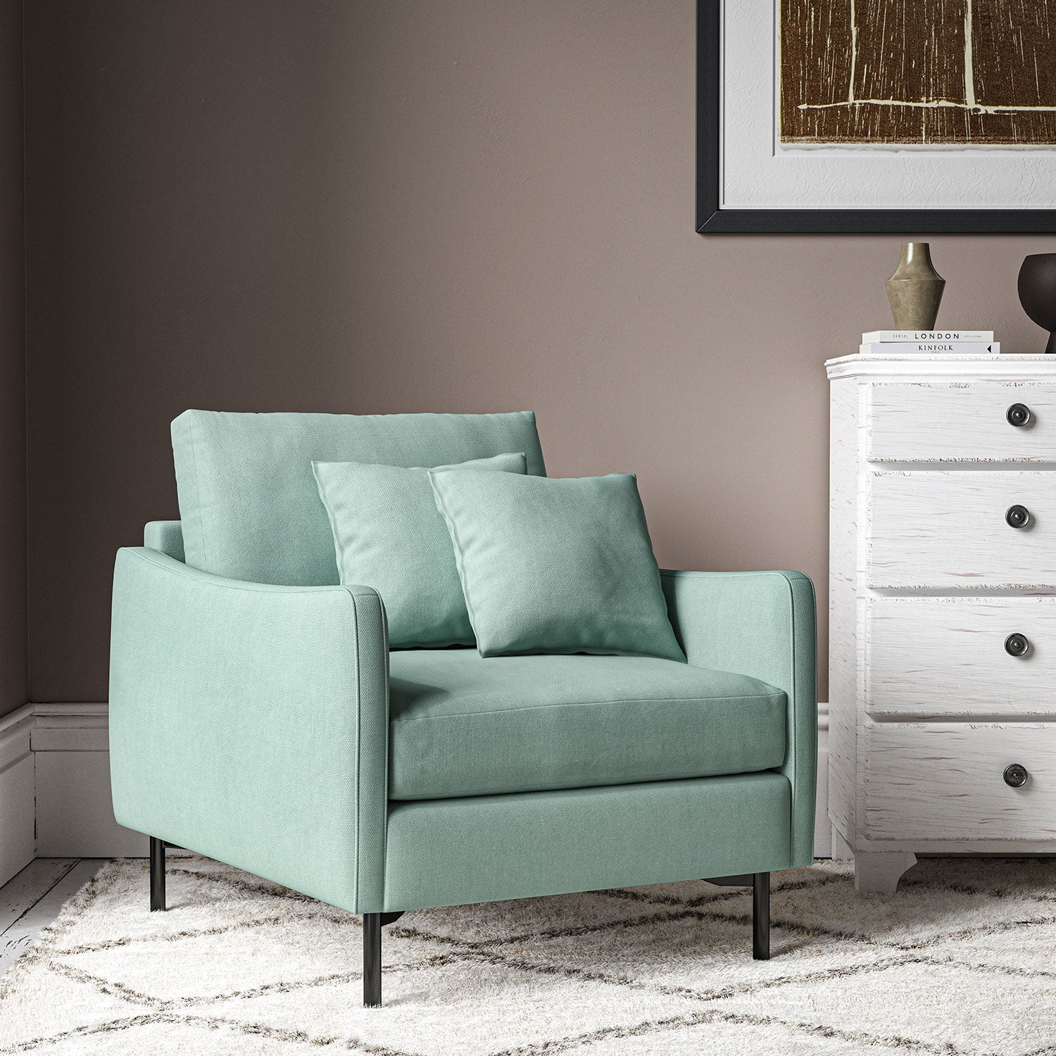 Chair upholstered in Ice Blue linen fabric
