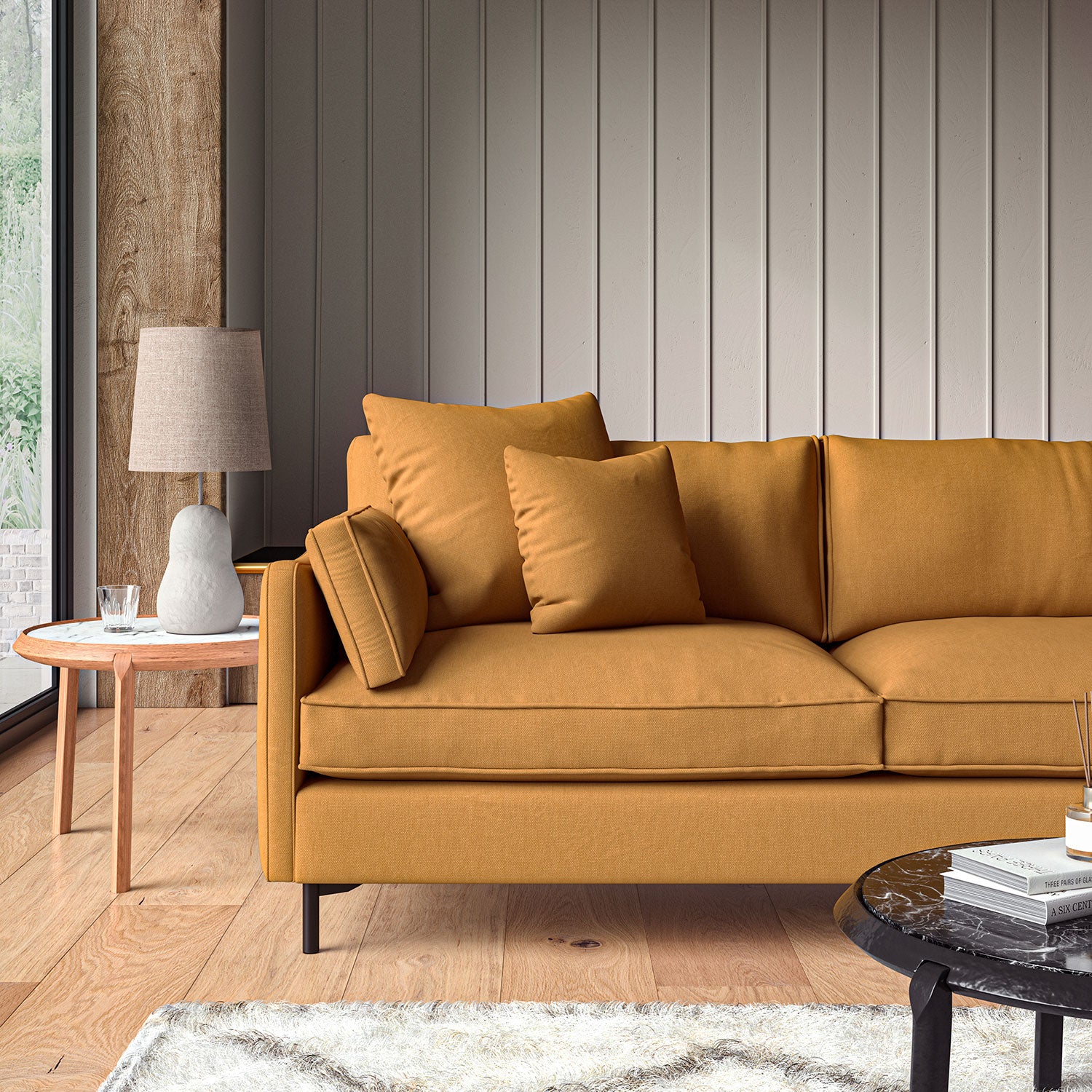 Sofa upholstered in Ginger linen fabric
