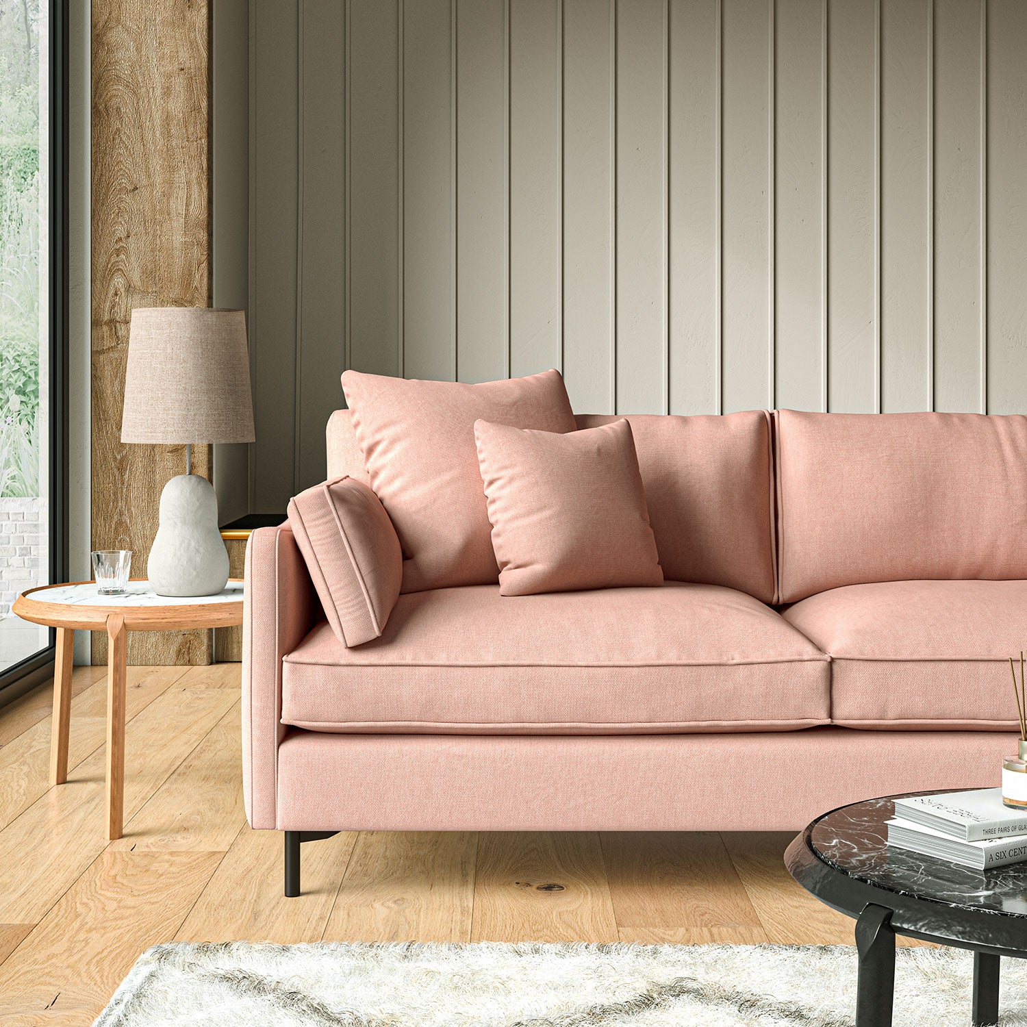 Sofa upholstered in Blush linen fabric