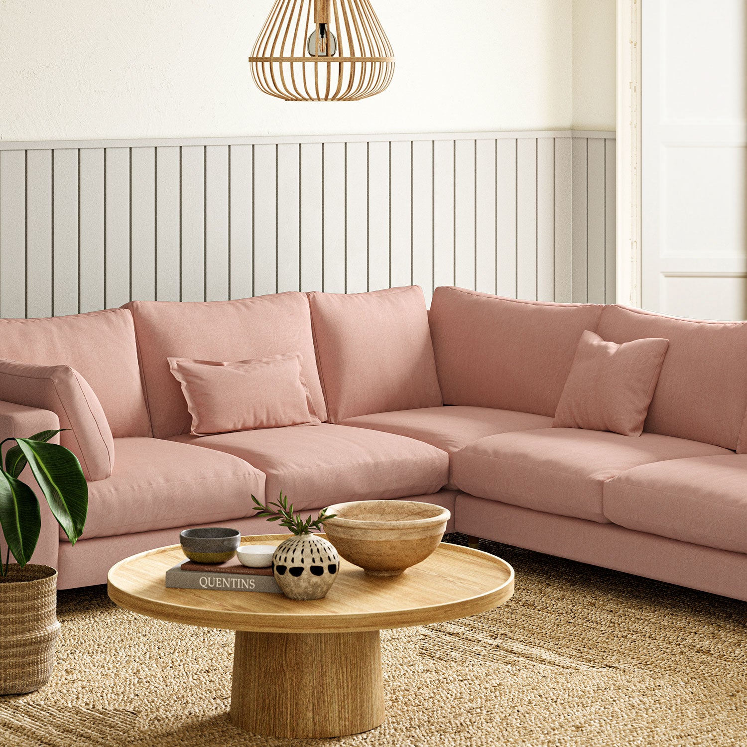 Sofa upholstered in Blush linen fabric