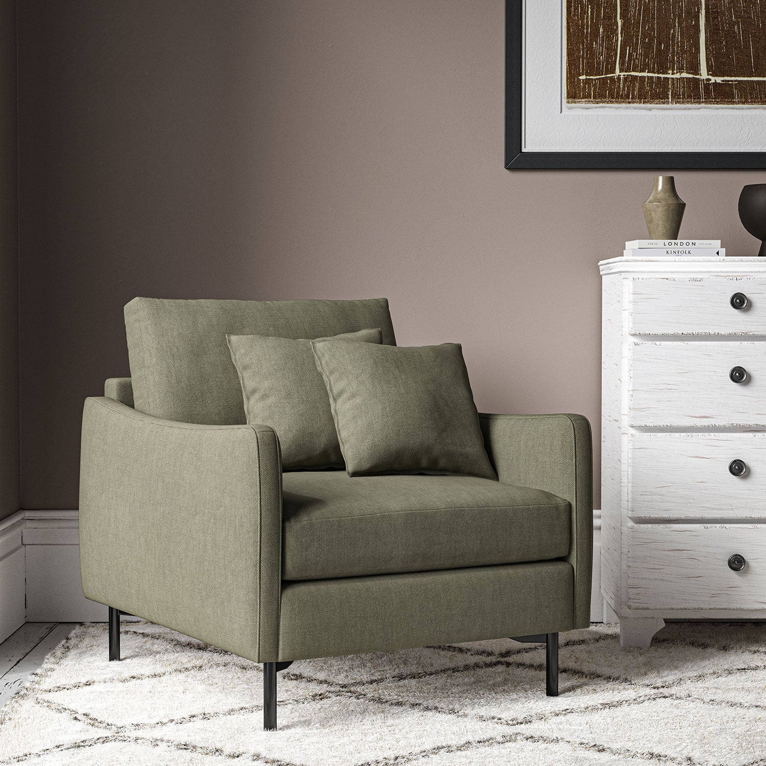Chair upholstered in Sage linen fabric