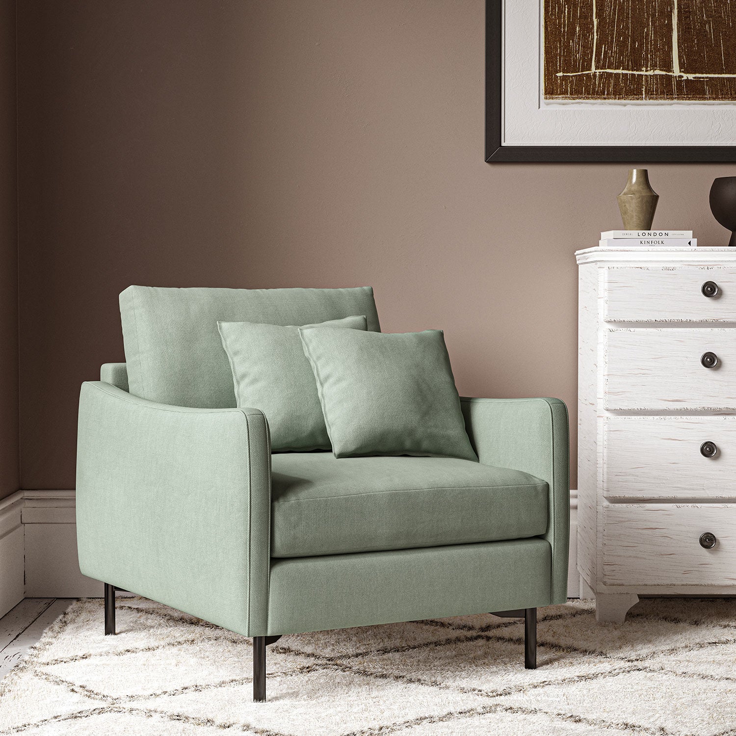 Chair upholstered in Seagrass linen fabric