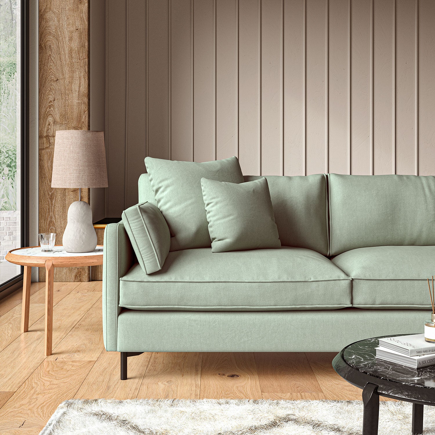 Sofa upholstered in Seagrass linen fabric