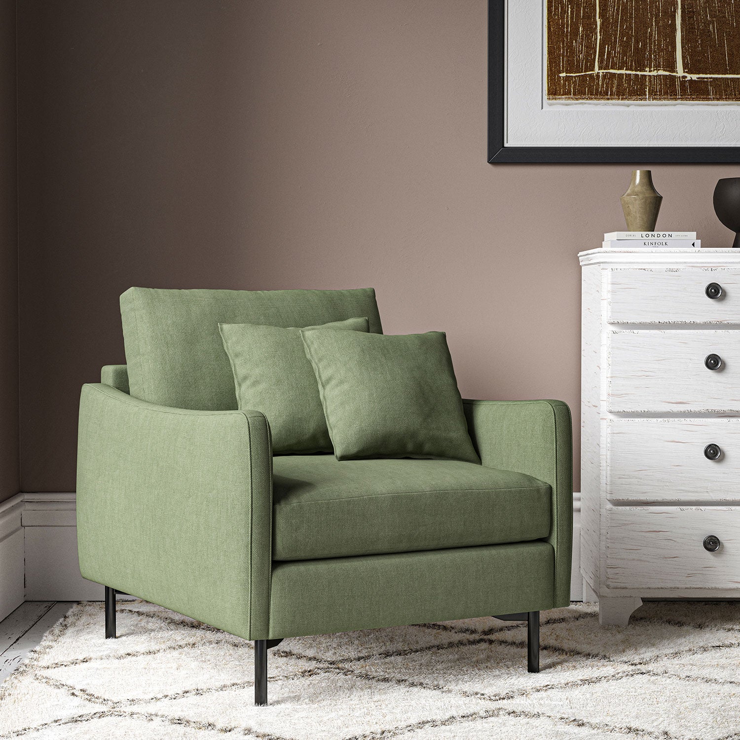 Chair upholstered in Moss linen fabric