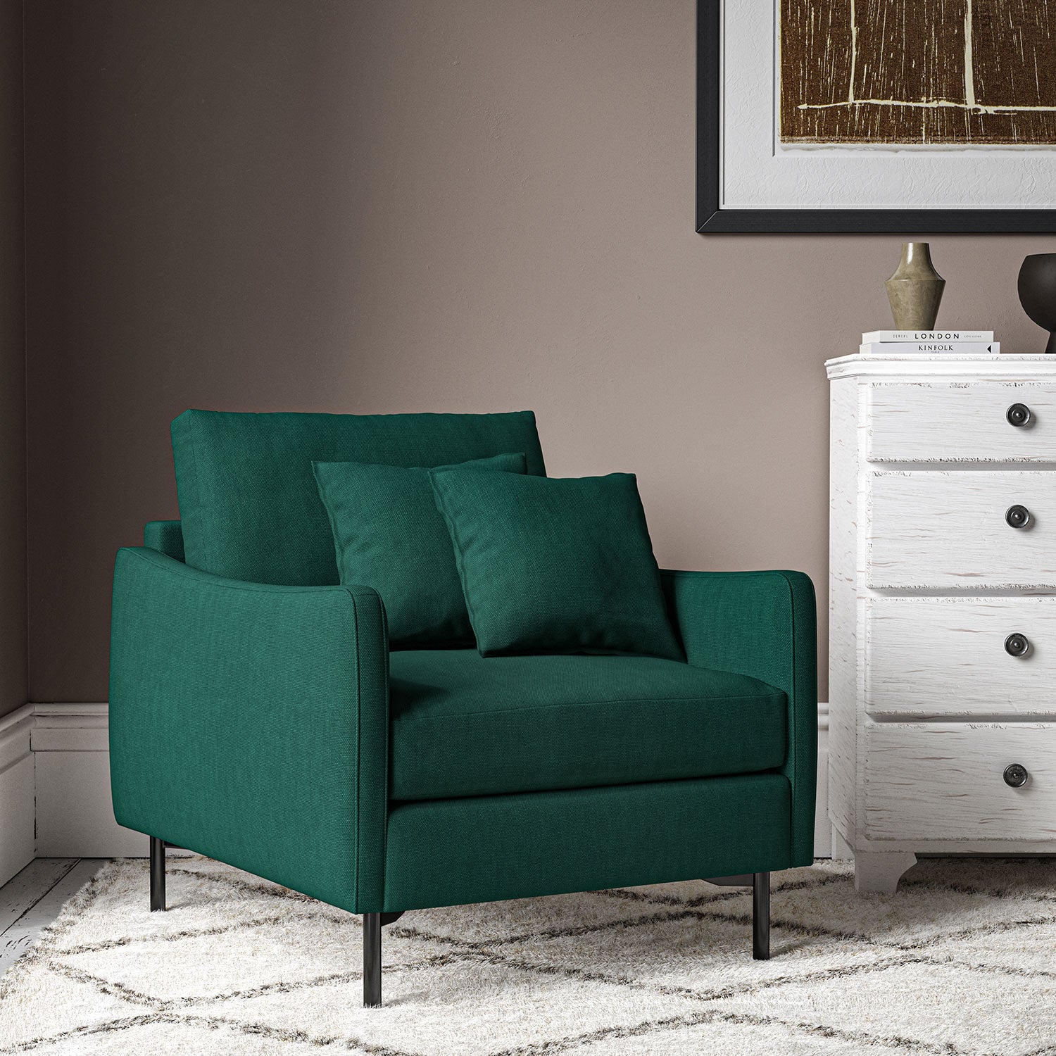 Chair upholstered in Forest linen fabric