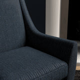 Chair upholstered in a navy herringbone wool weave upholstery fabric