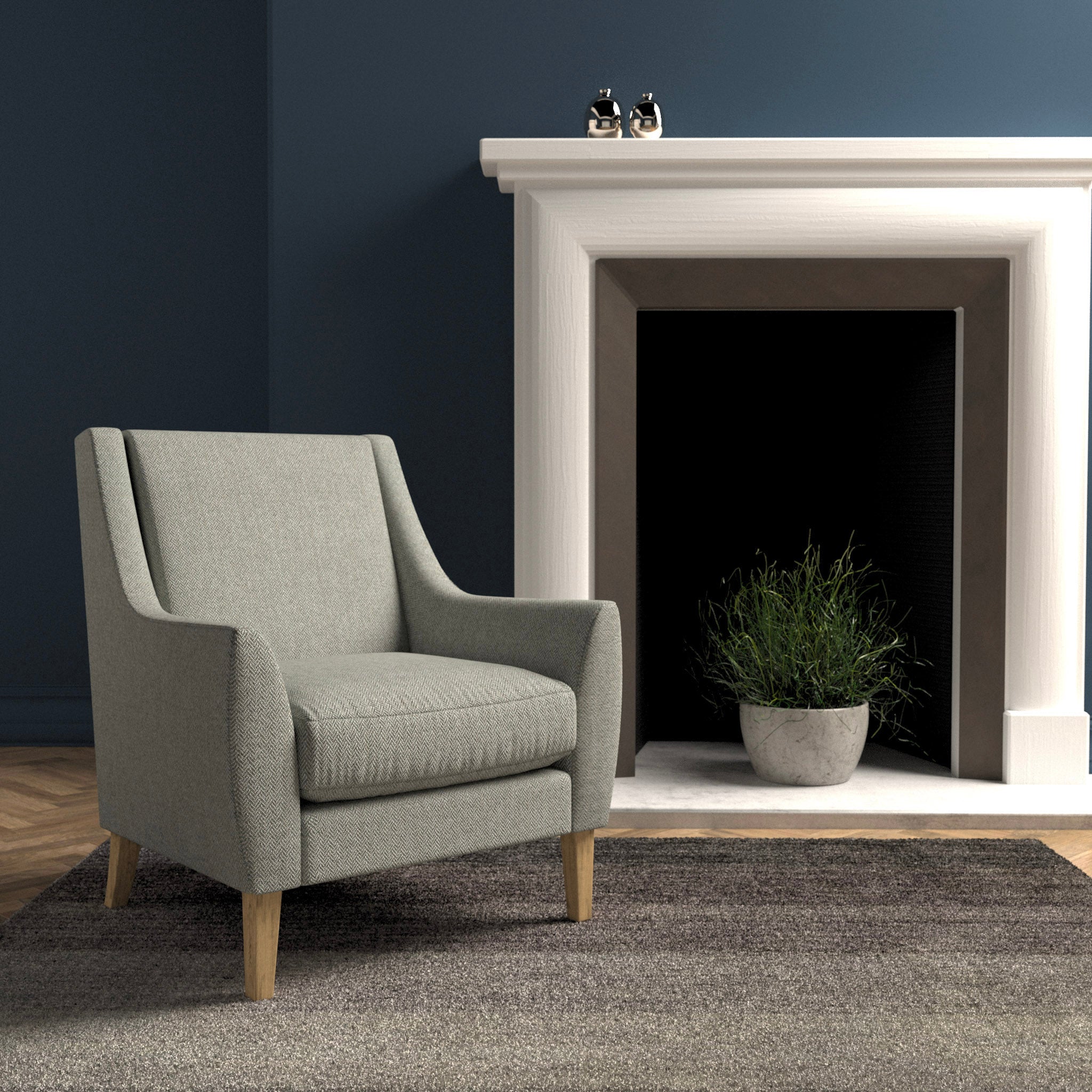 Chair in a grey herringbone wool upholstery fabric
