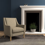 Chair in a dark neutral herringbone wool upholstery fabric