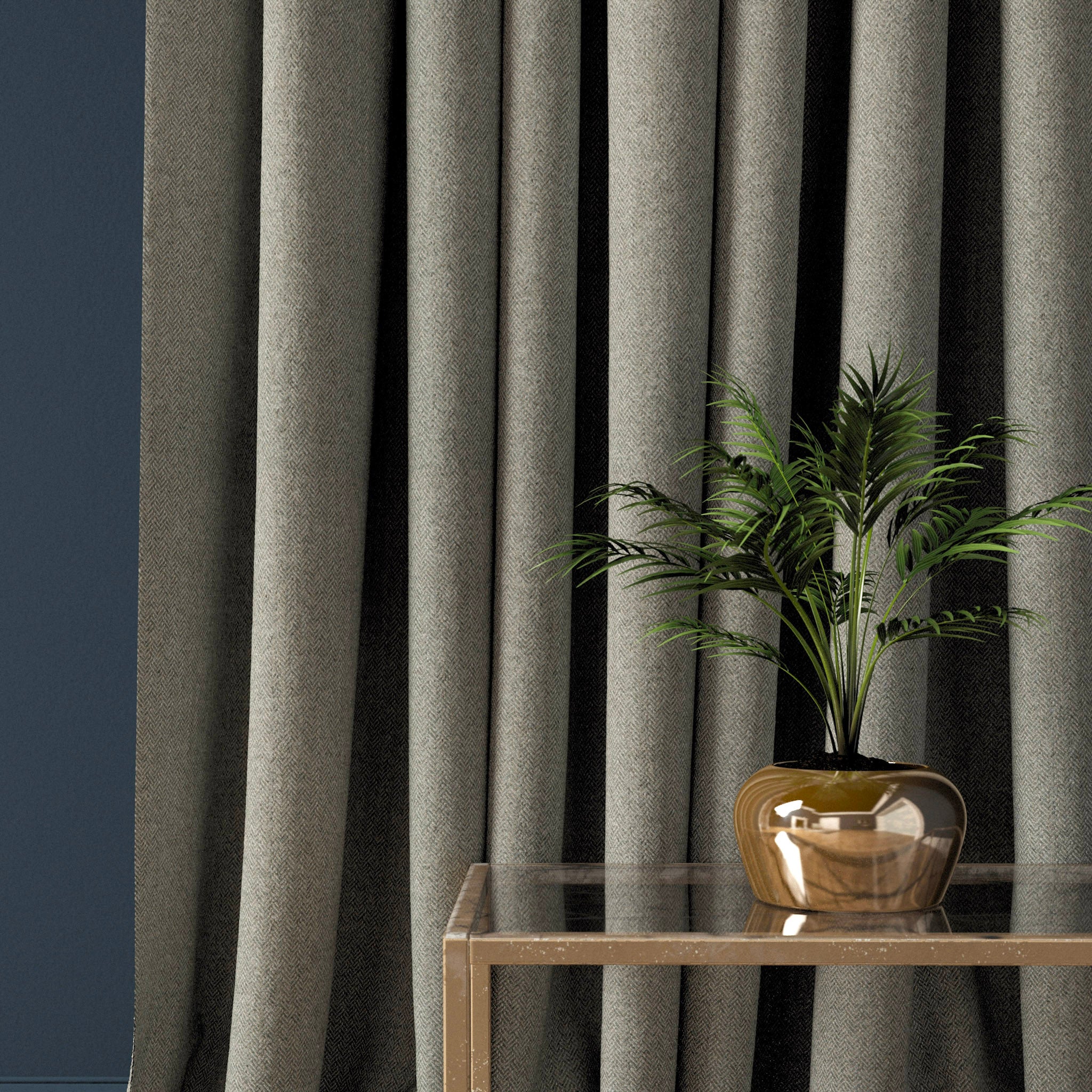 Curtain in a dark grey herringbone wool fabric