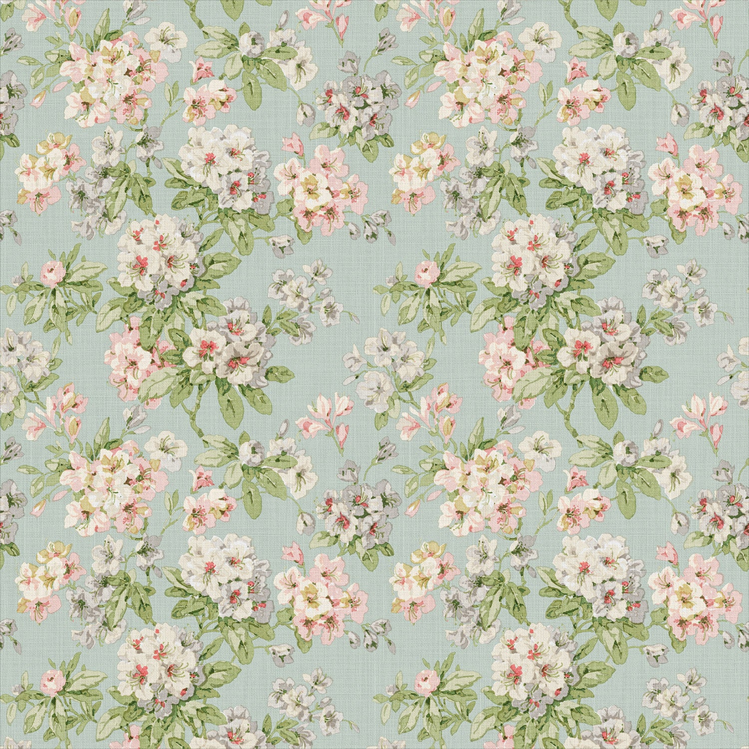 Printed linen fabric with floral pattern in blue, green and white colours for linen curtains, blinds and upholstery.