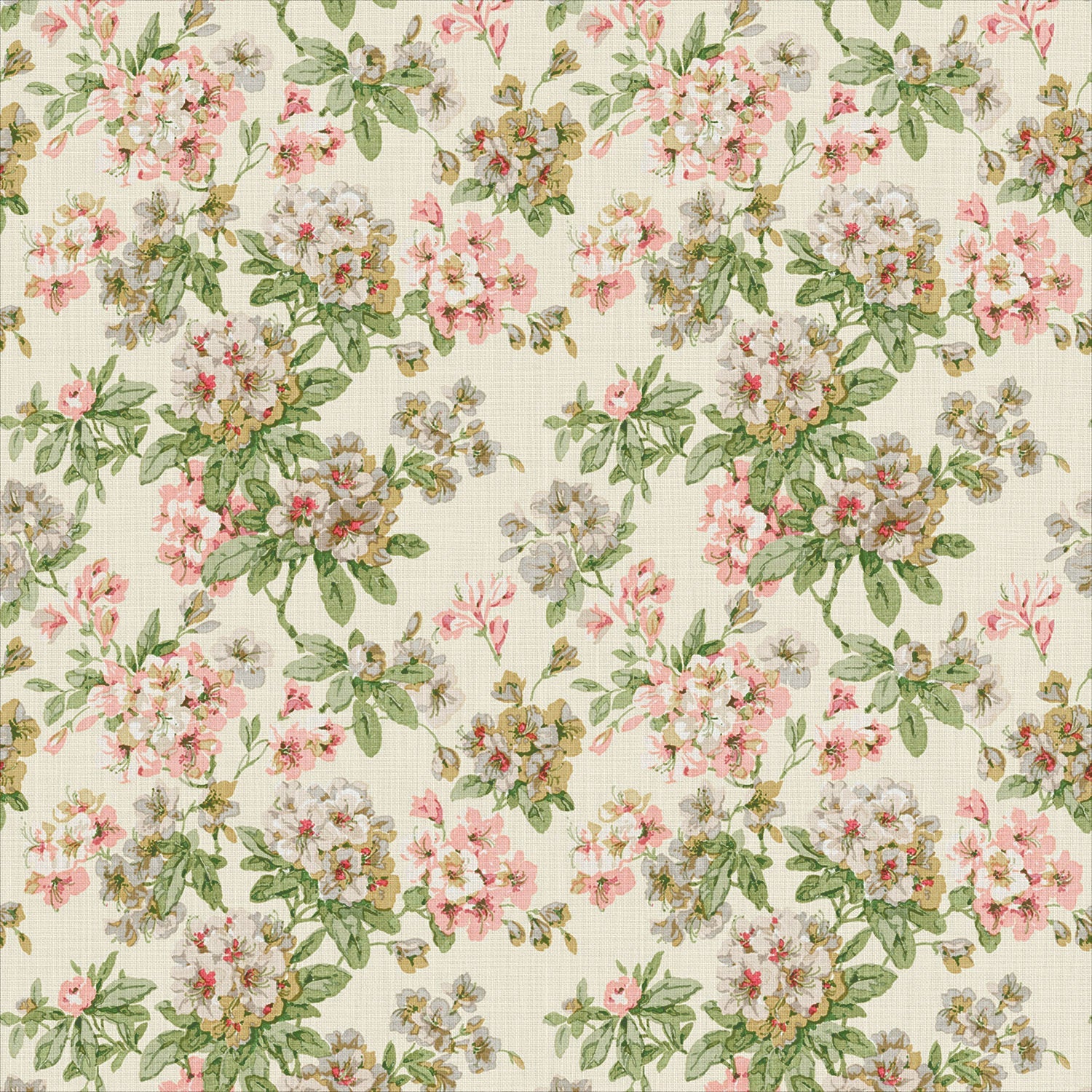 Printed linen fabric with floral pattern in white, green and pinks for linen curtains, blinds and upholstery.