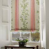Blind in a printed linen fabric with pink and green stripes and an oak-leaf motif.