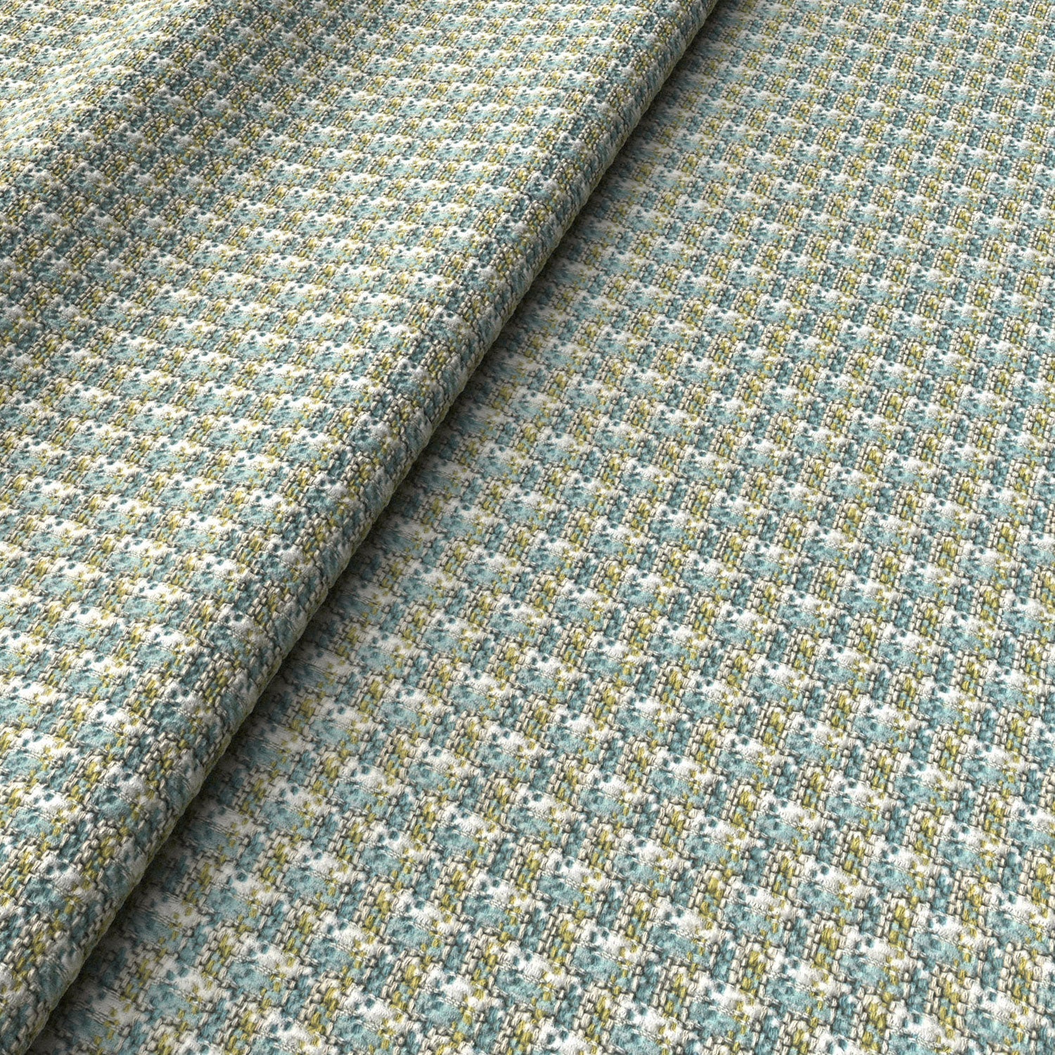 Printed linen fabric with textural weave pattern in blue and yellow colours for upholstery.