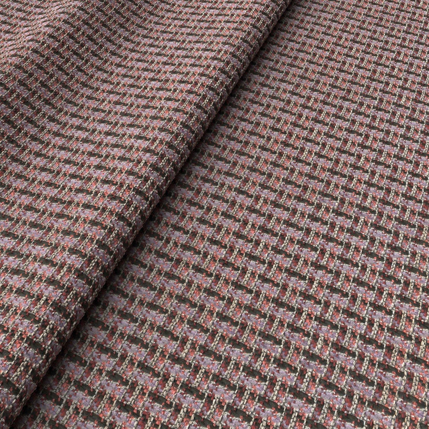 Printed linen fabric with textural weave pattern in pink and black colours for upholstery.