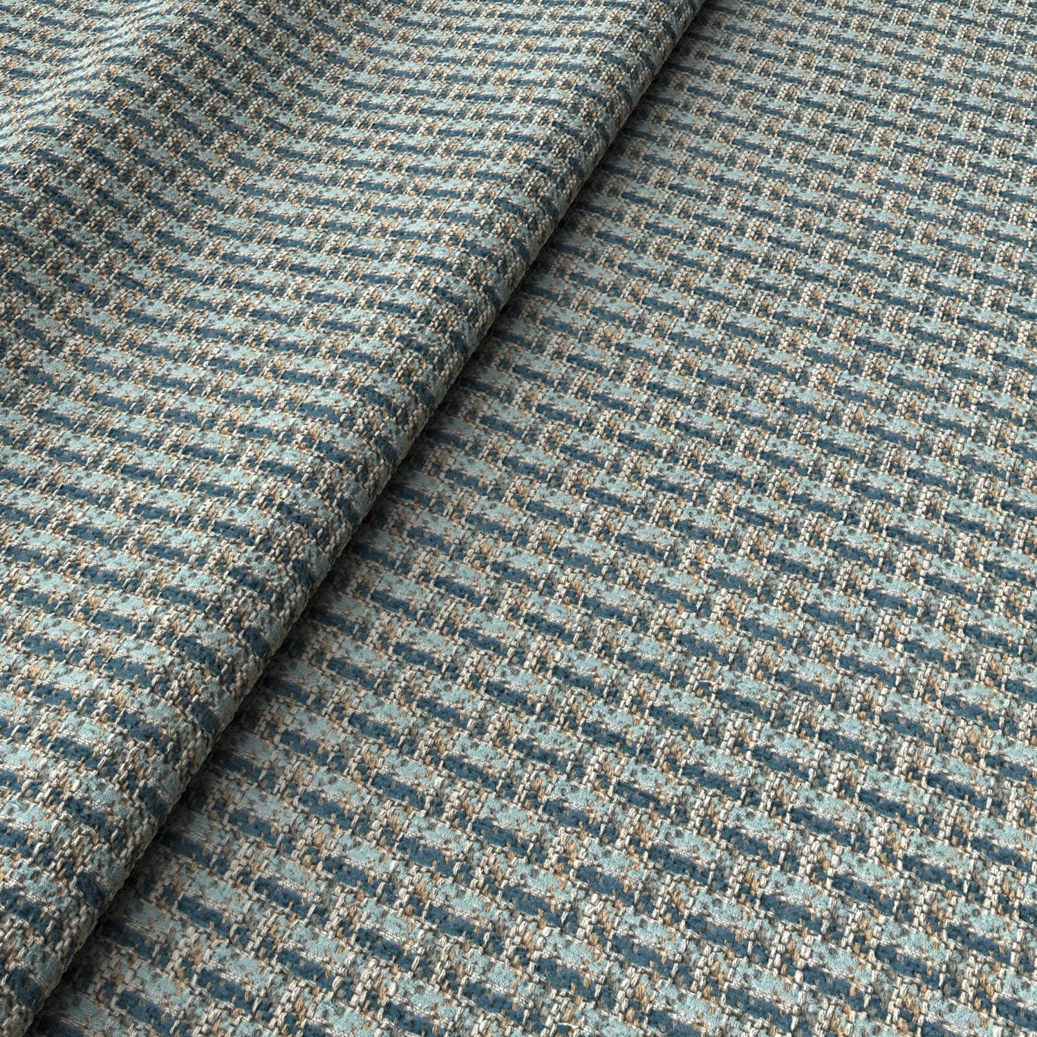 Printed linen fabric with textural weave pattern in blue colours for upholstery.