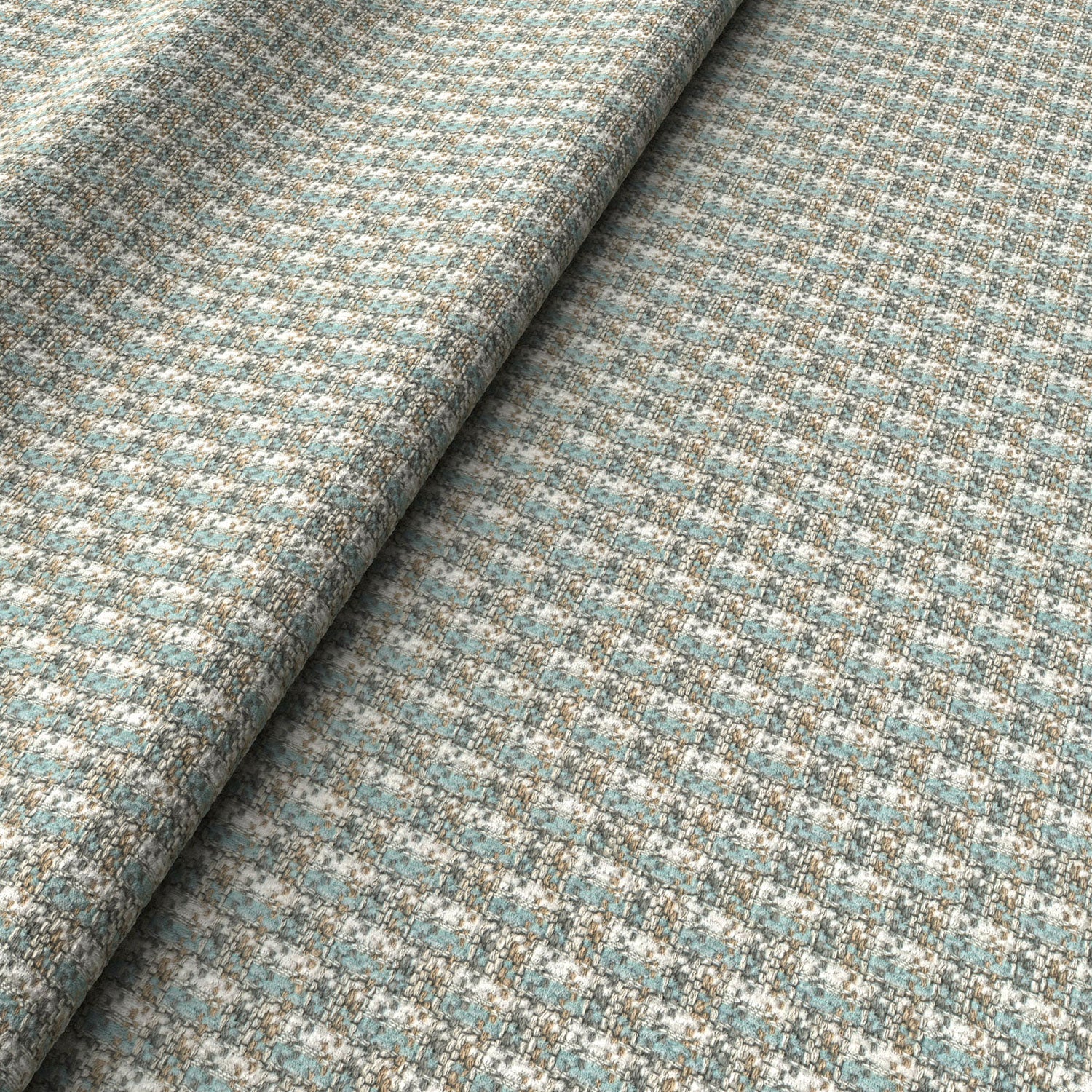 Printed linen fabric with textural weave pattern in brown and blue colours for upholstery.