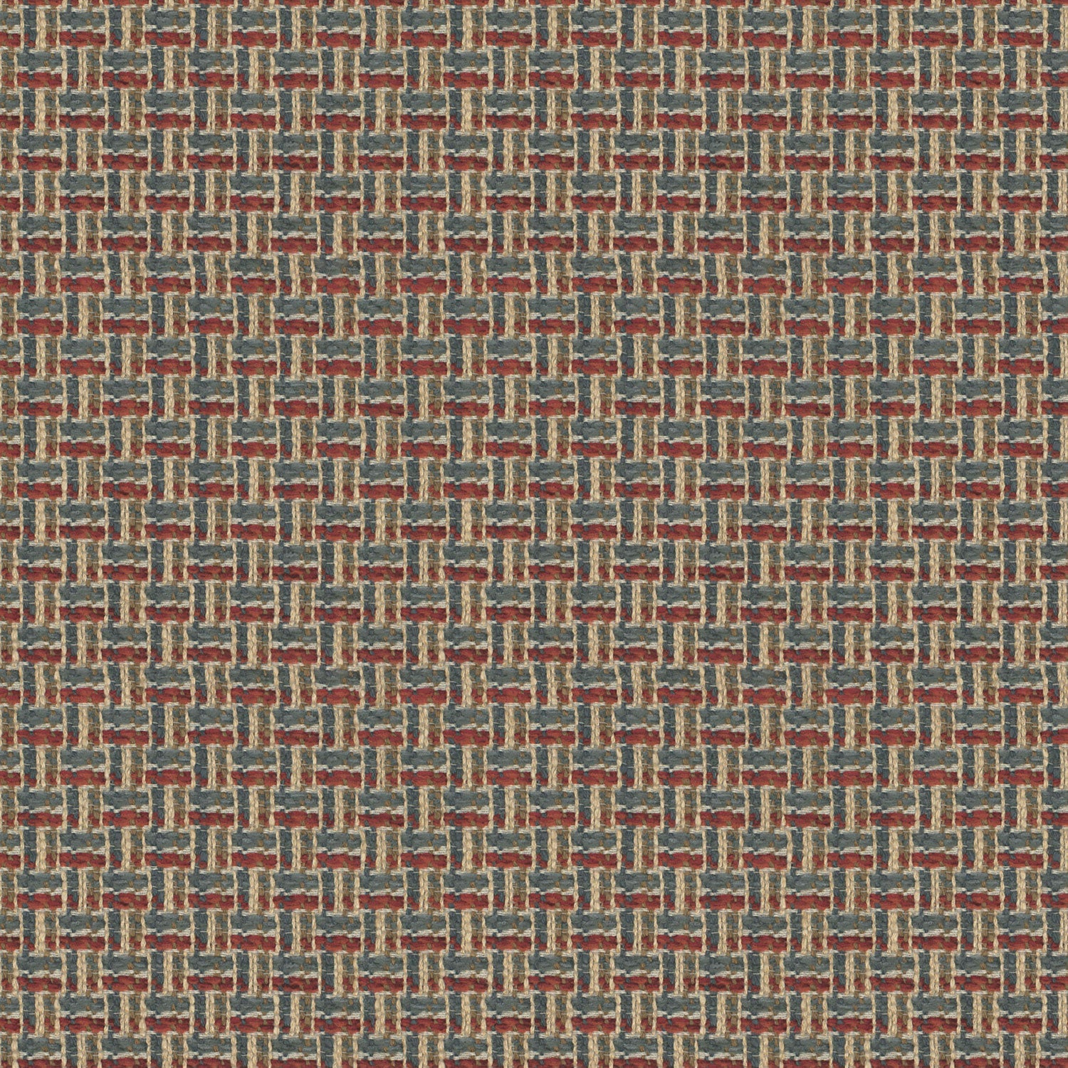Printed linen fabric with textural weave pattern in red, blue and yellow colours for upholstery.