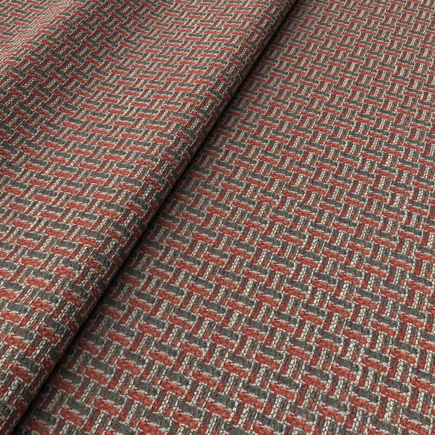 Printed linen fabric with textural weave pattern in red colours for upholstery.