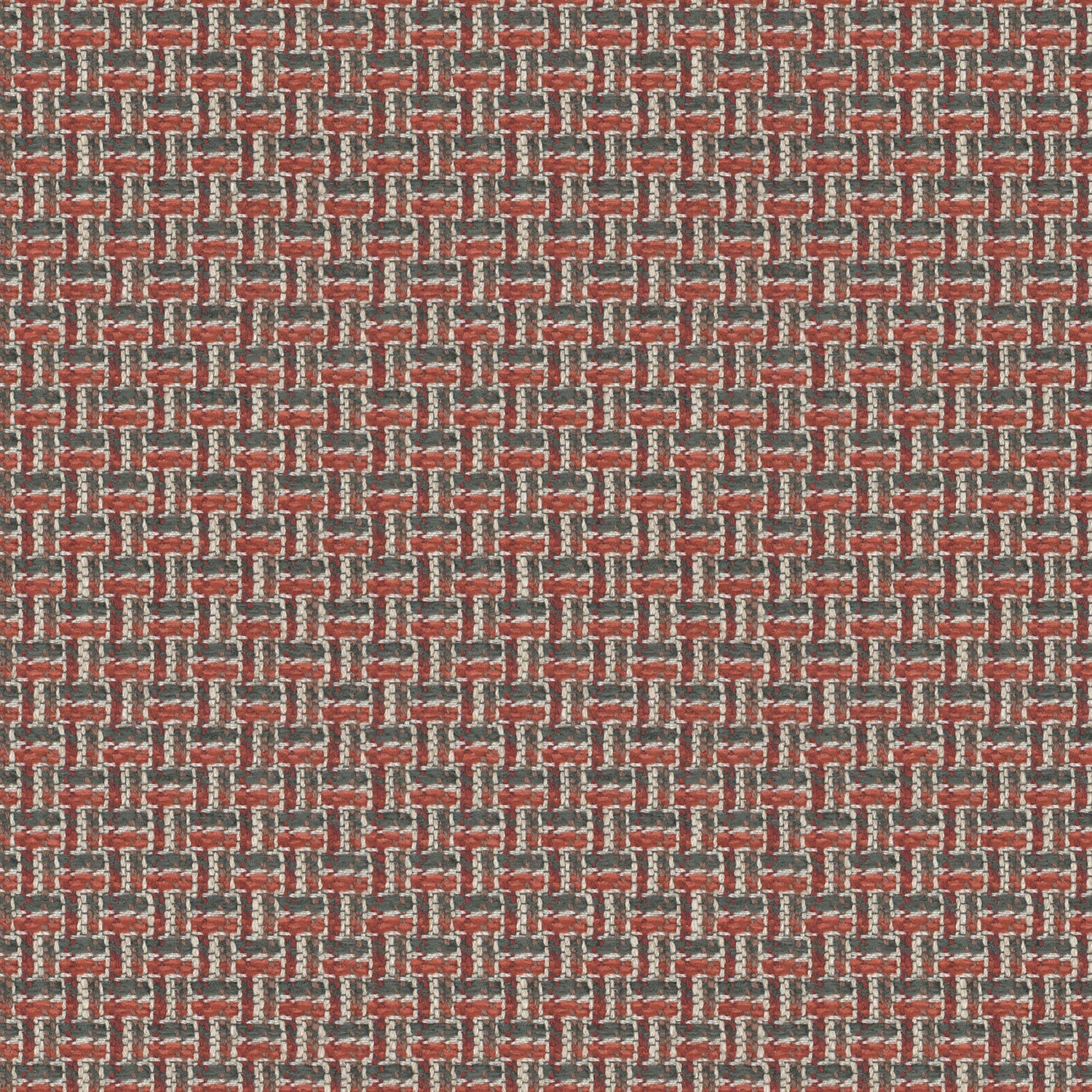 Printed linen fabric with textural weave pattern in red colours for upholstery.