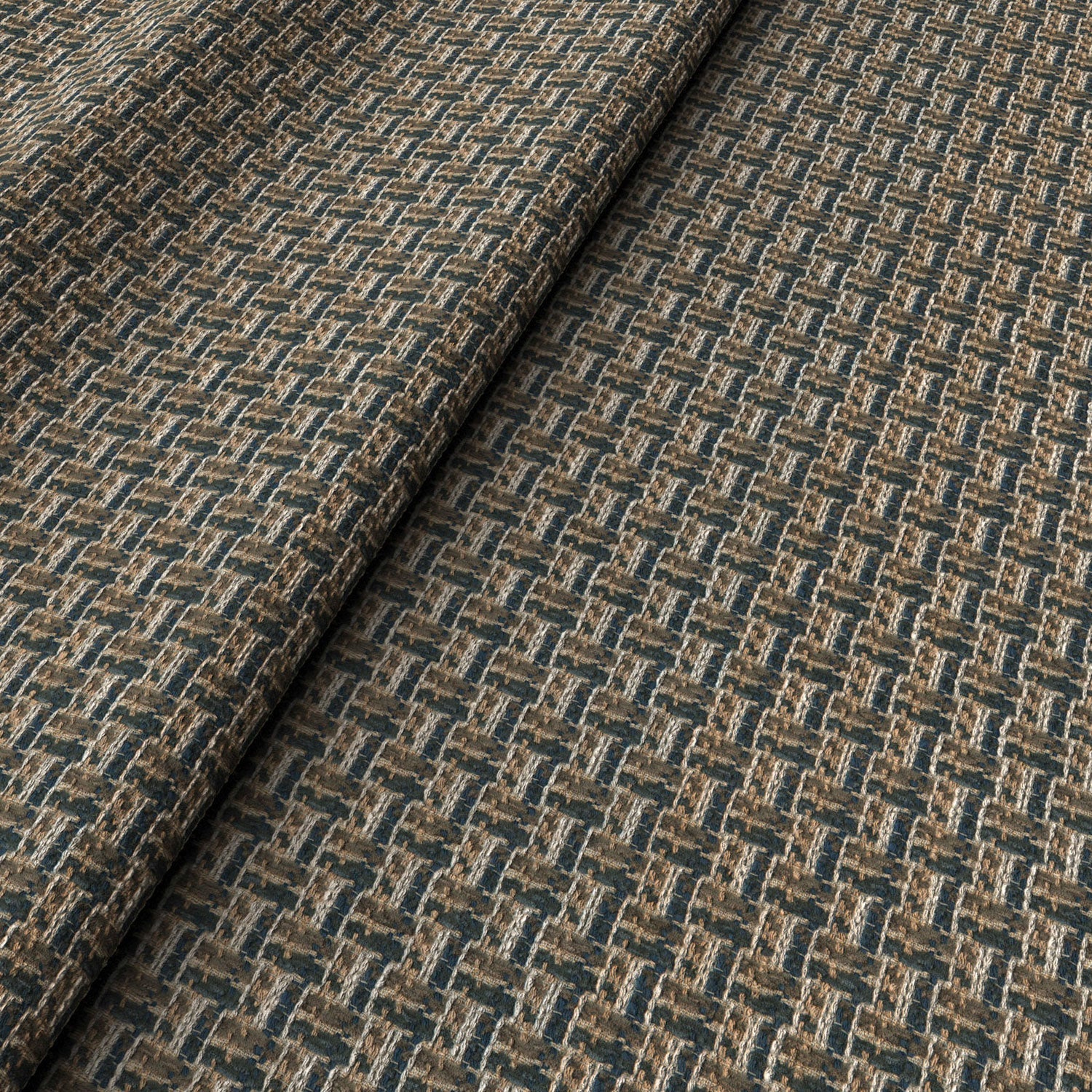 Printed linen fabric with textural weave pattern in brown colours for upholstery.