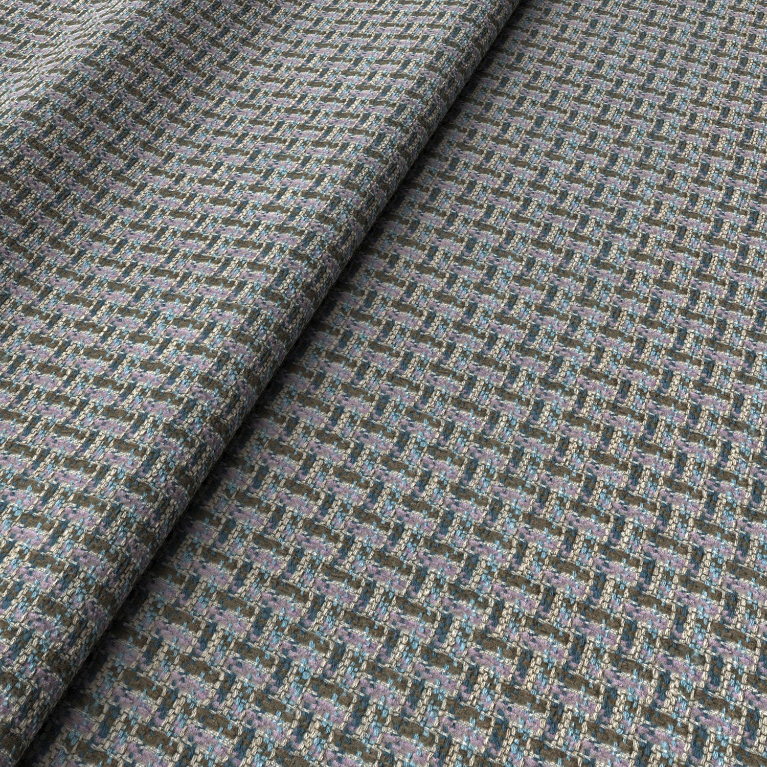 Printed linen fabric with textural weave pattern in brown, pink and blue colours for upholstery.