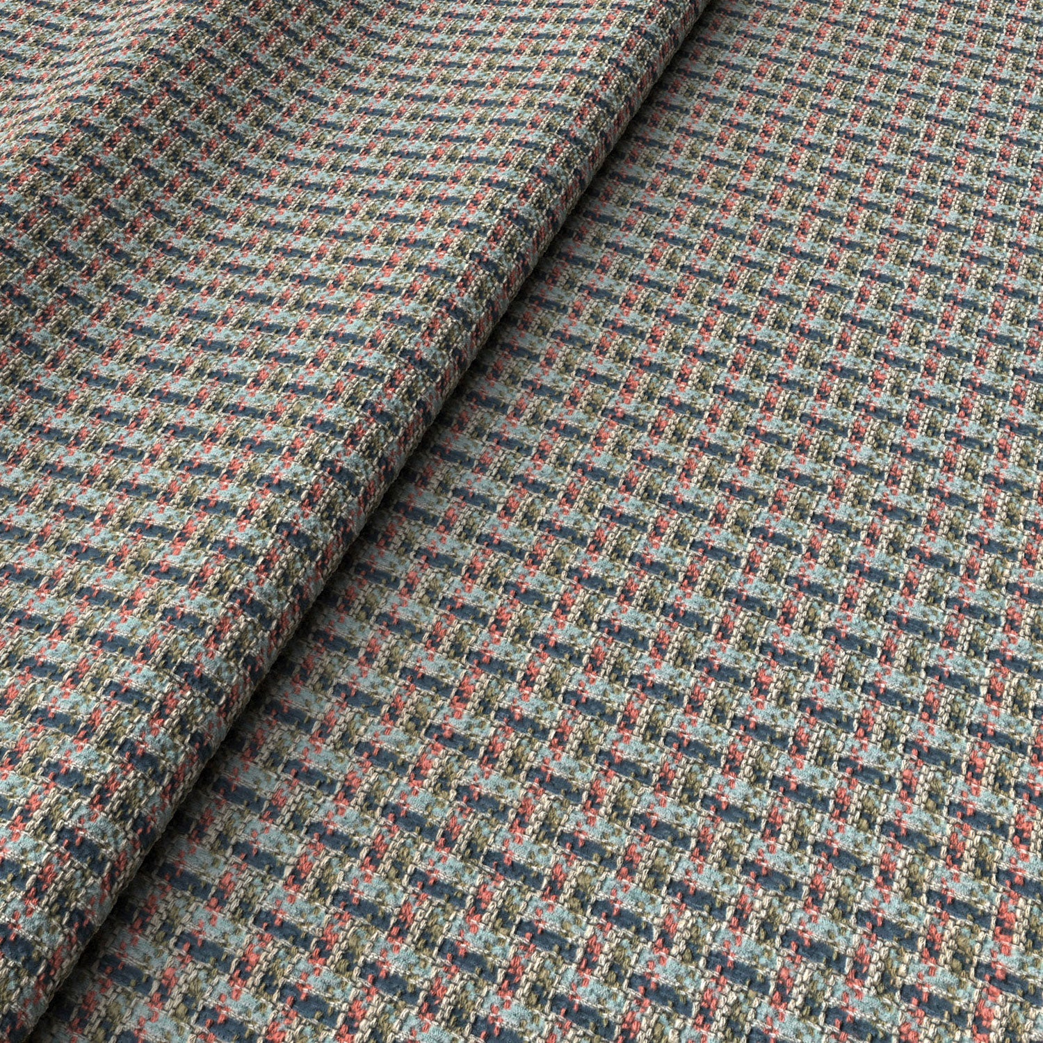 Printed linen fabric with textural weave pattern in blue and red colours for upholstery.