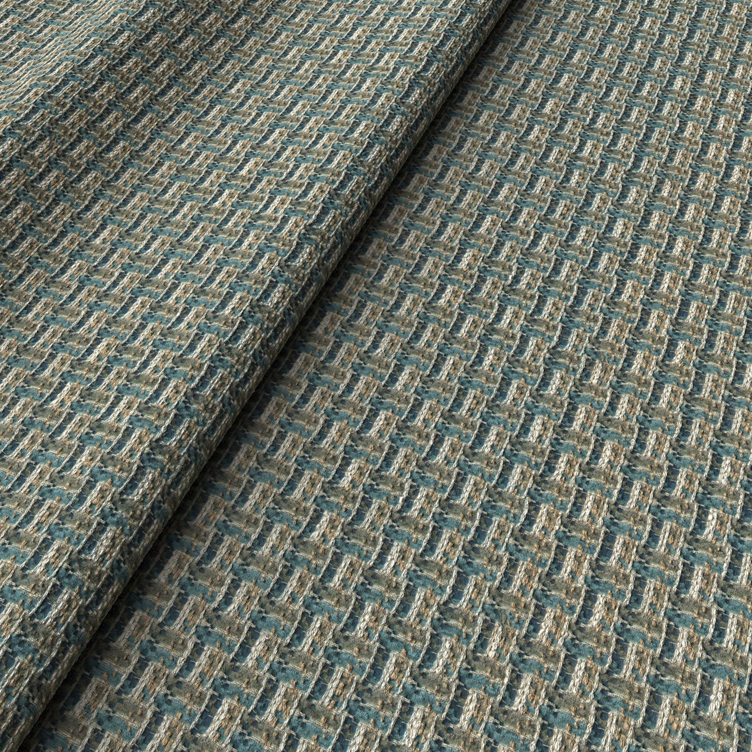 Printed linen fabric with textural weave pattern in brown and blue colours for upholstery.