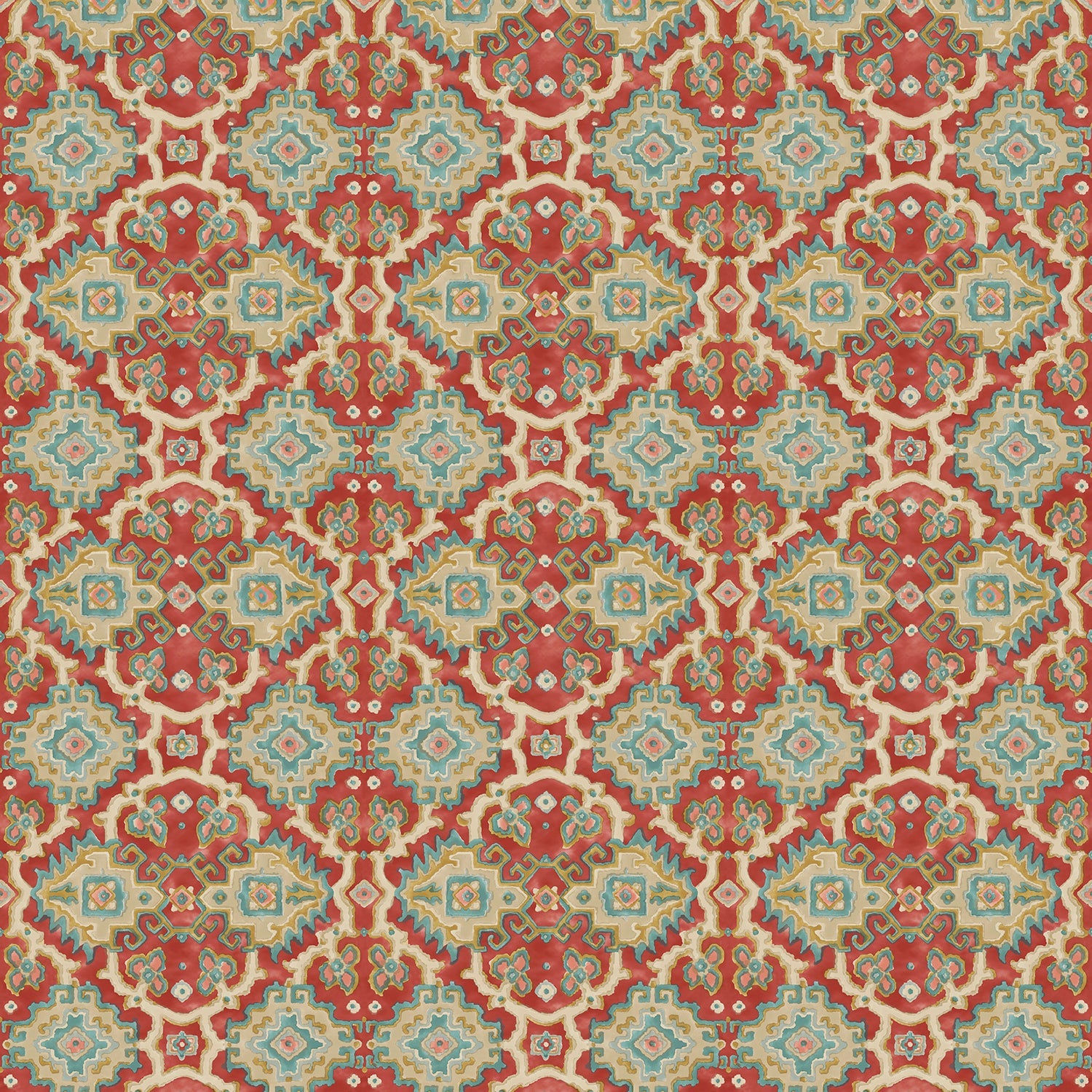 Printed velvet fabric with an oriental geometric design in multicolours, for upholstery and curtain use