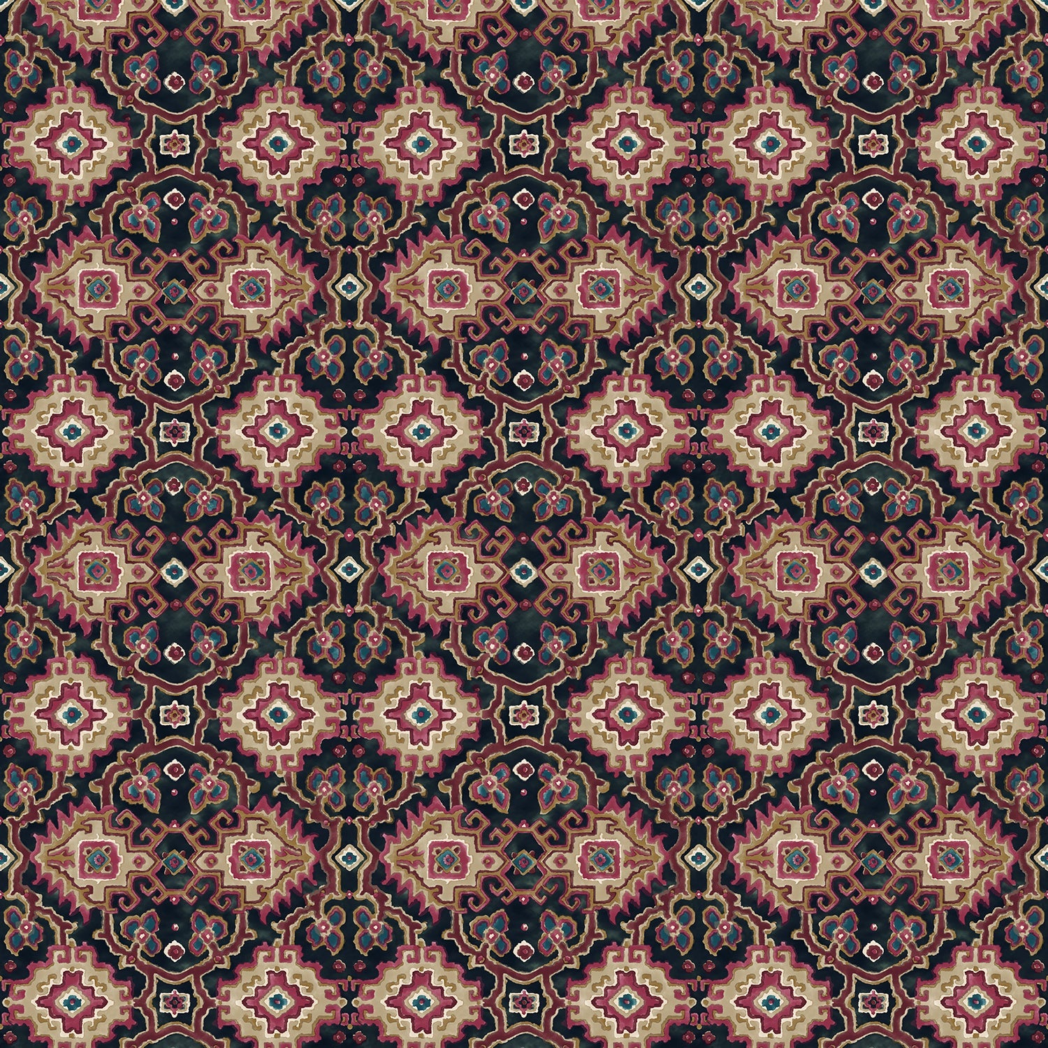 Printed velvet fabric with an oriental geometric design in multicolours, for upholstery and curtain use