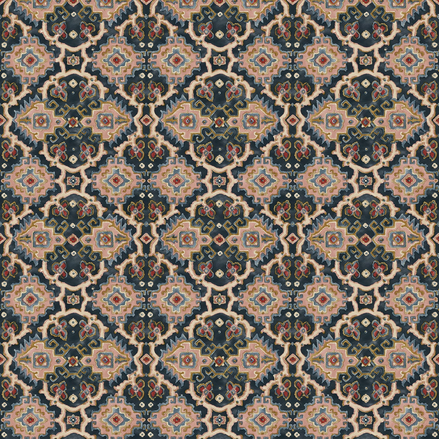Printed velvet fabric with an oriental geometric design in multicolours, for upholstery and curtain use