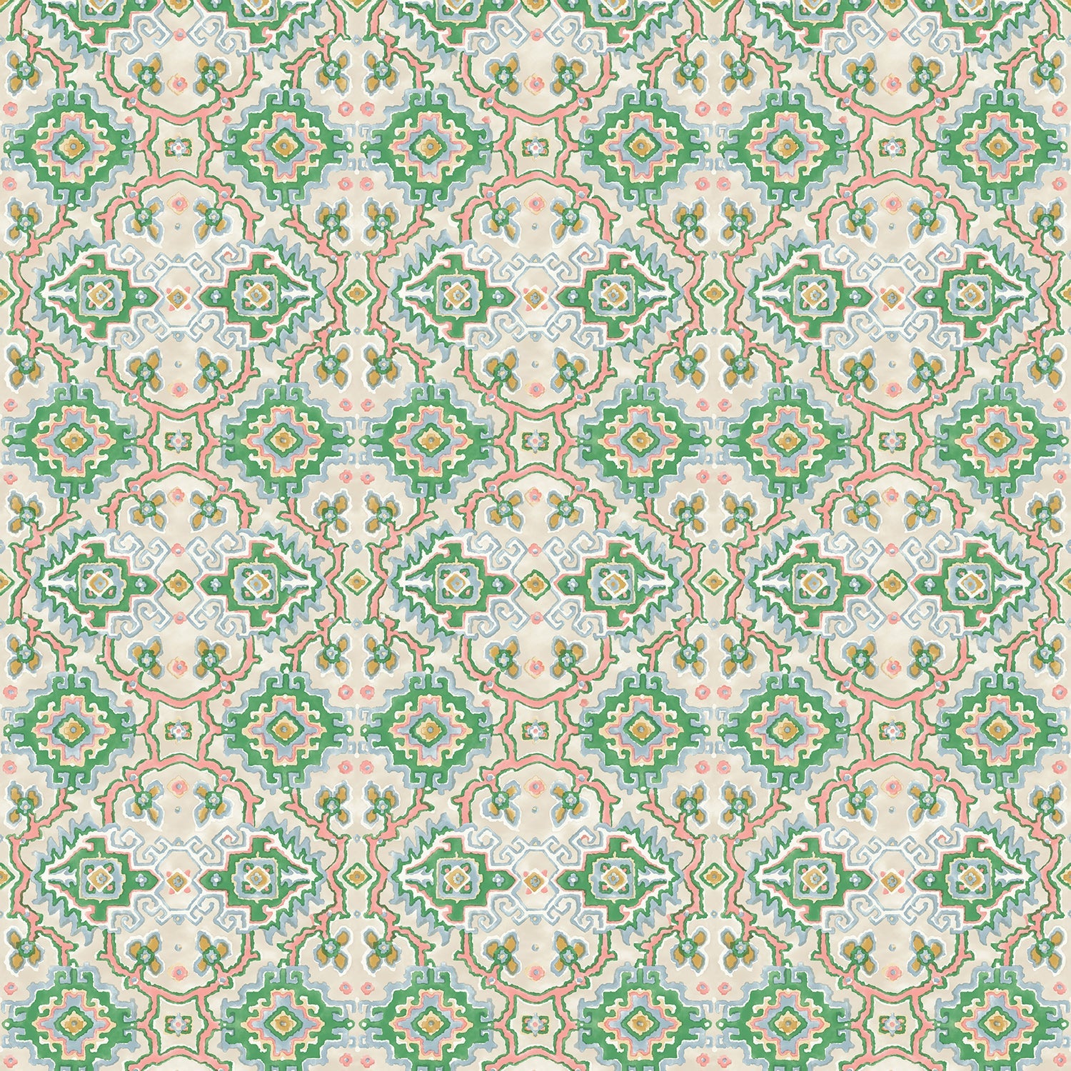 Printed velvet fabric with an oriental geometric design in multicolours, for upholstery and curtain use