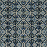 Printed velvet fabric with an oriental geometric design in blue colours, for upholstery and curtain use