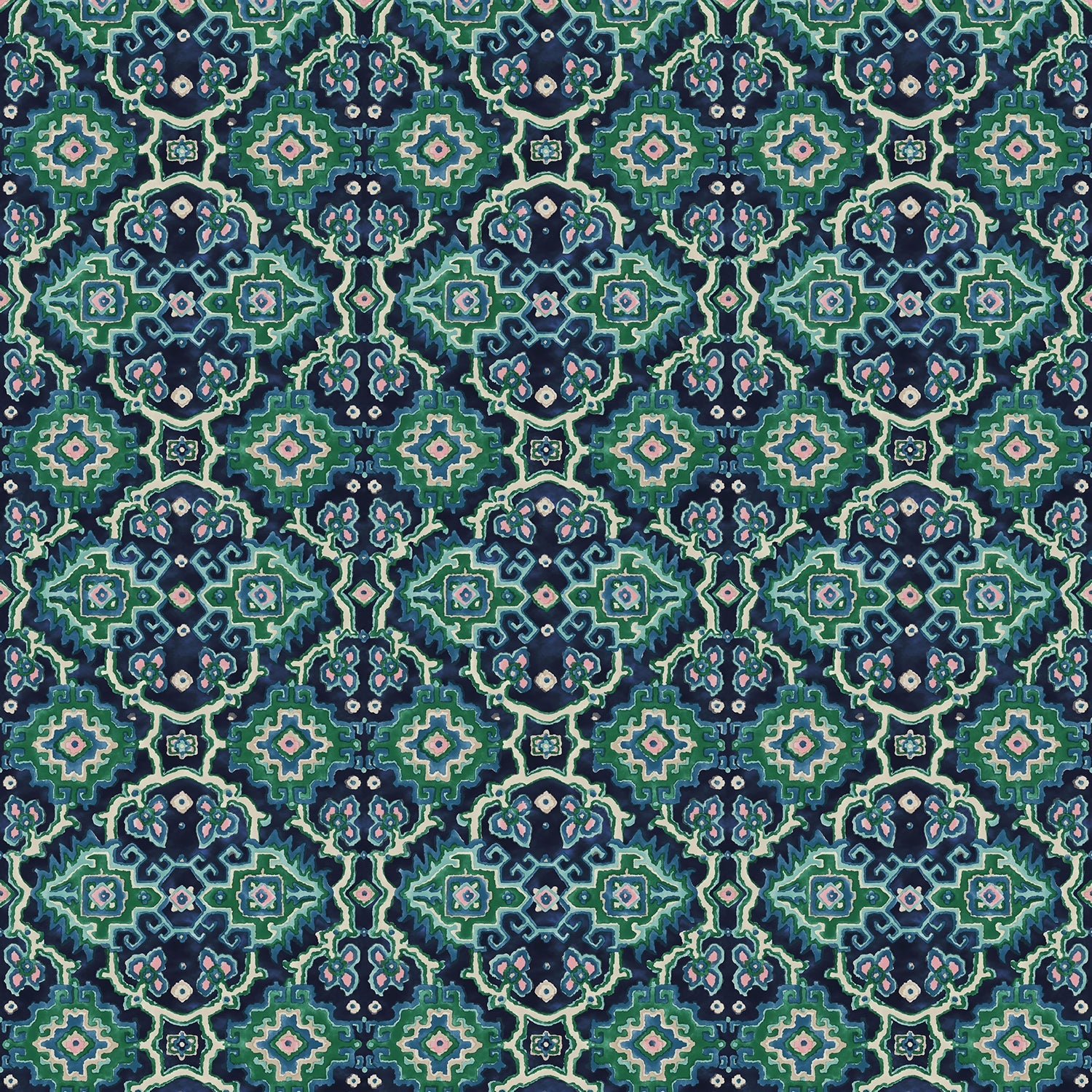 Printed velvet fabric with an oriental geometric design in blue and green colours, for upholstery and curtain use