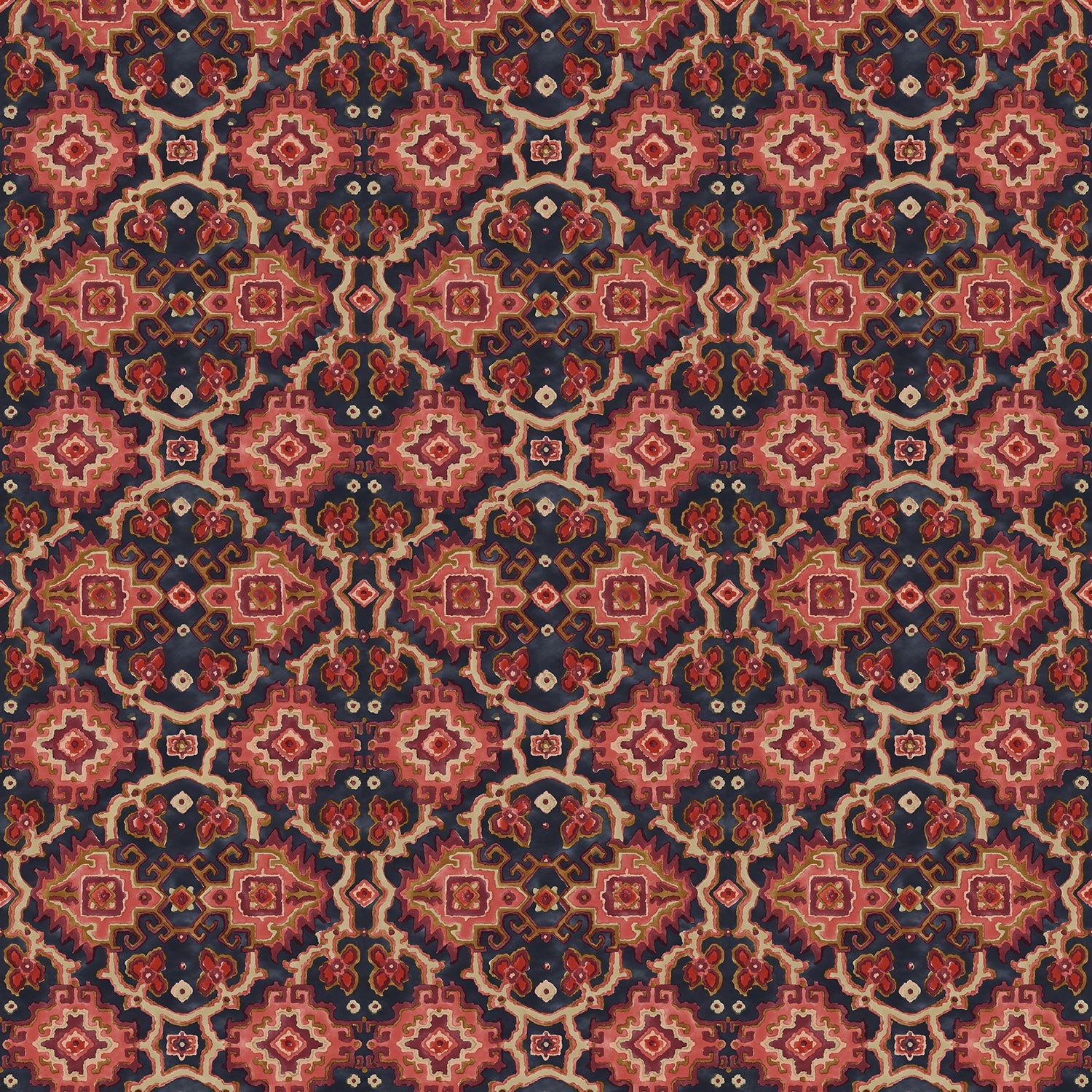 Printed velvet fabric with an oriental geometric design in red colours, for upholstery and curtain use