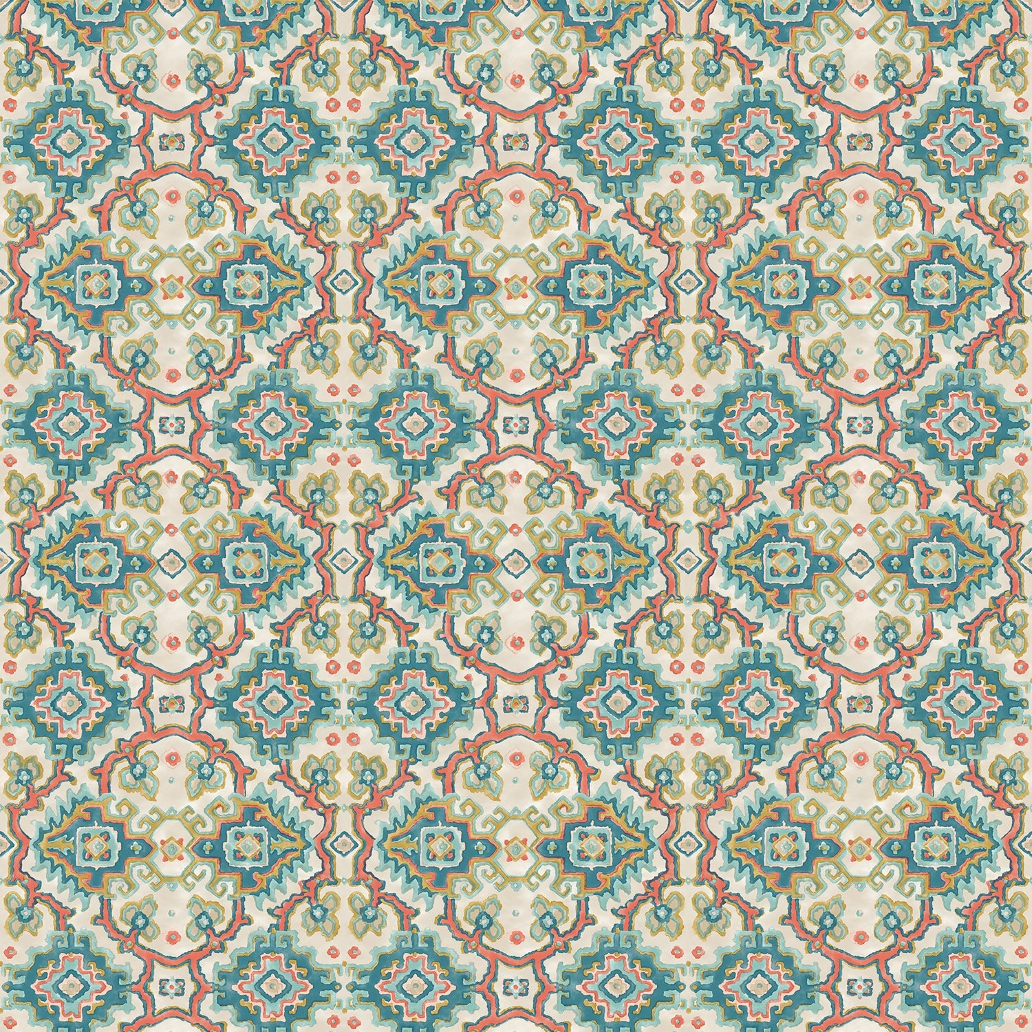 Printed velvet fabric with an oriental geometric design in blue colours, for upholstery and curtain use