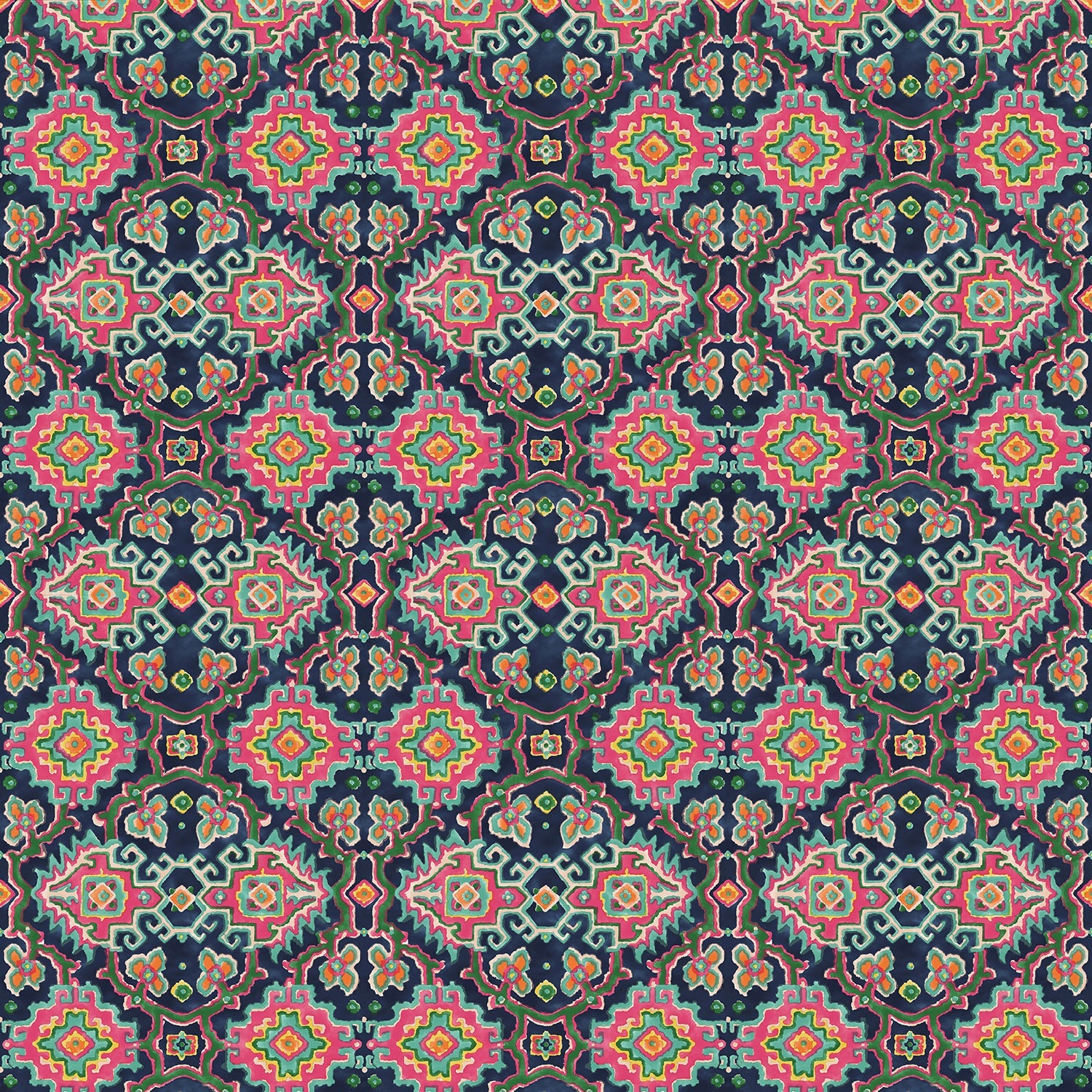 Printed velvet fabric with an oriental geometric design in vibrant colours, for upholstery and curtain use