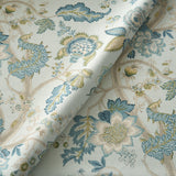 Printed linen fabric with Tree of Life pattern in blue and green.