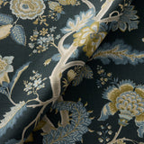 Printed linen fabric with life of tree pattern in yellow, blue and black colours for linen curtains, blinds and upholstery.