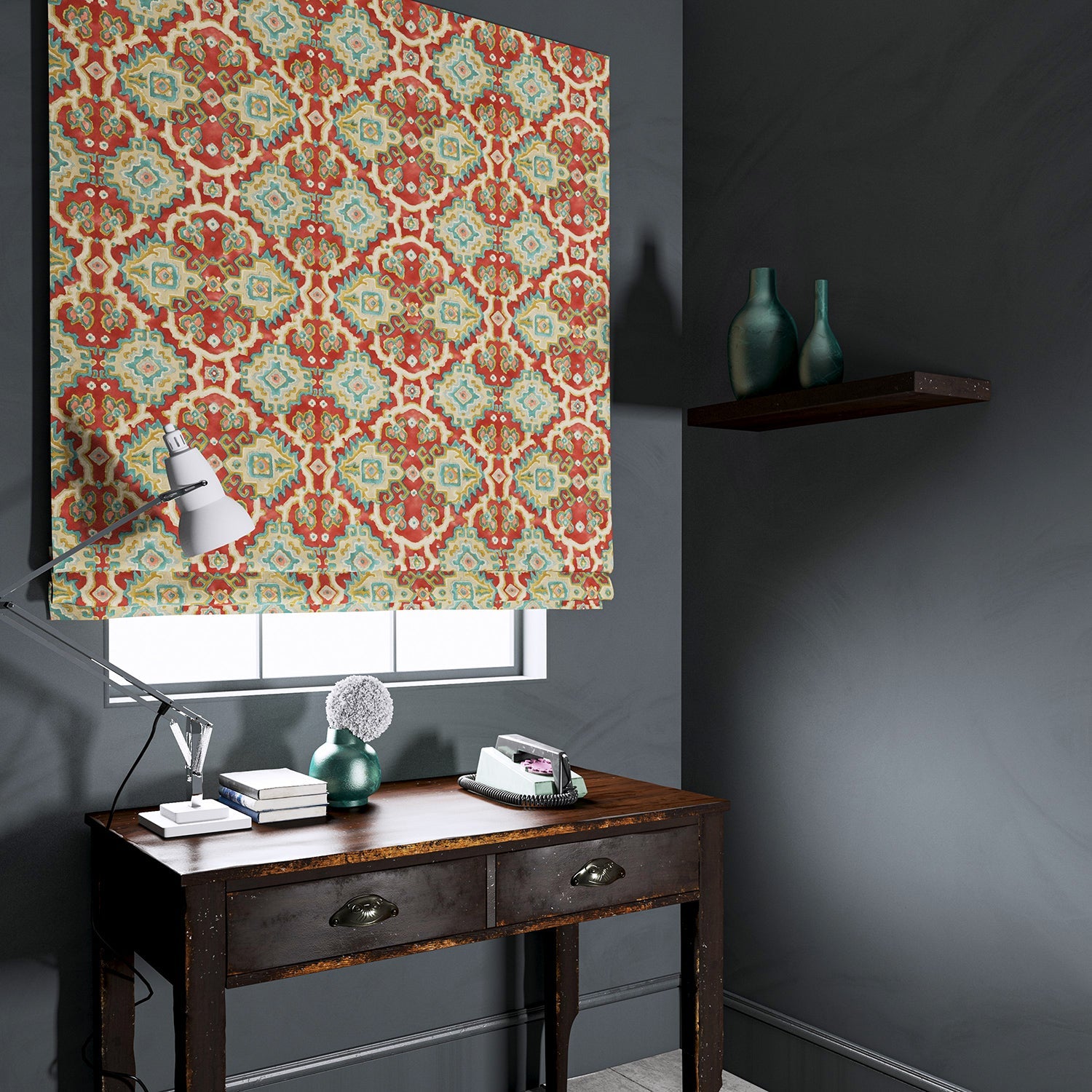 Velvet blind upholstered in a printed velvet fabric with an oriental geometric design in multicolours