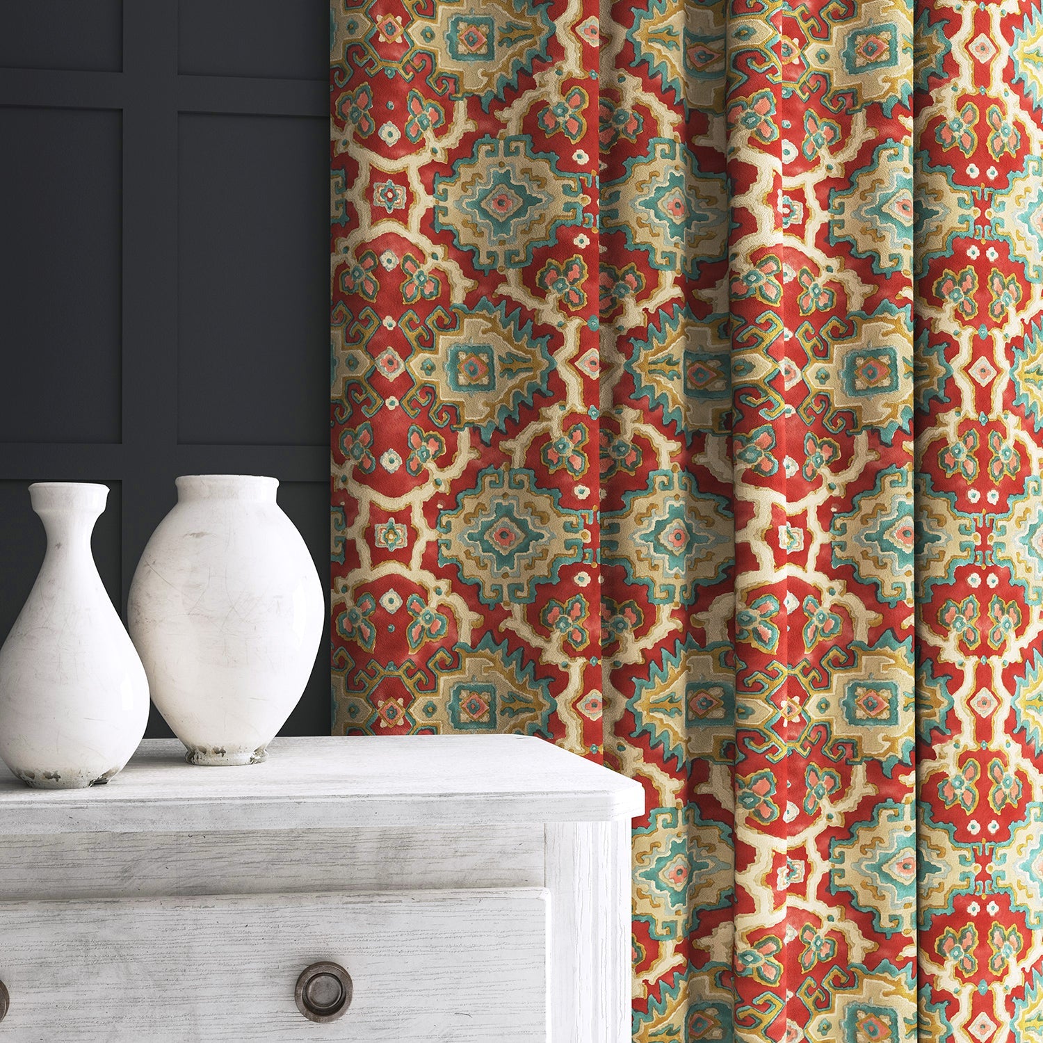 Velvet curtain in a printed velvet fabric with an oriental geometric design in multicolours