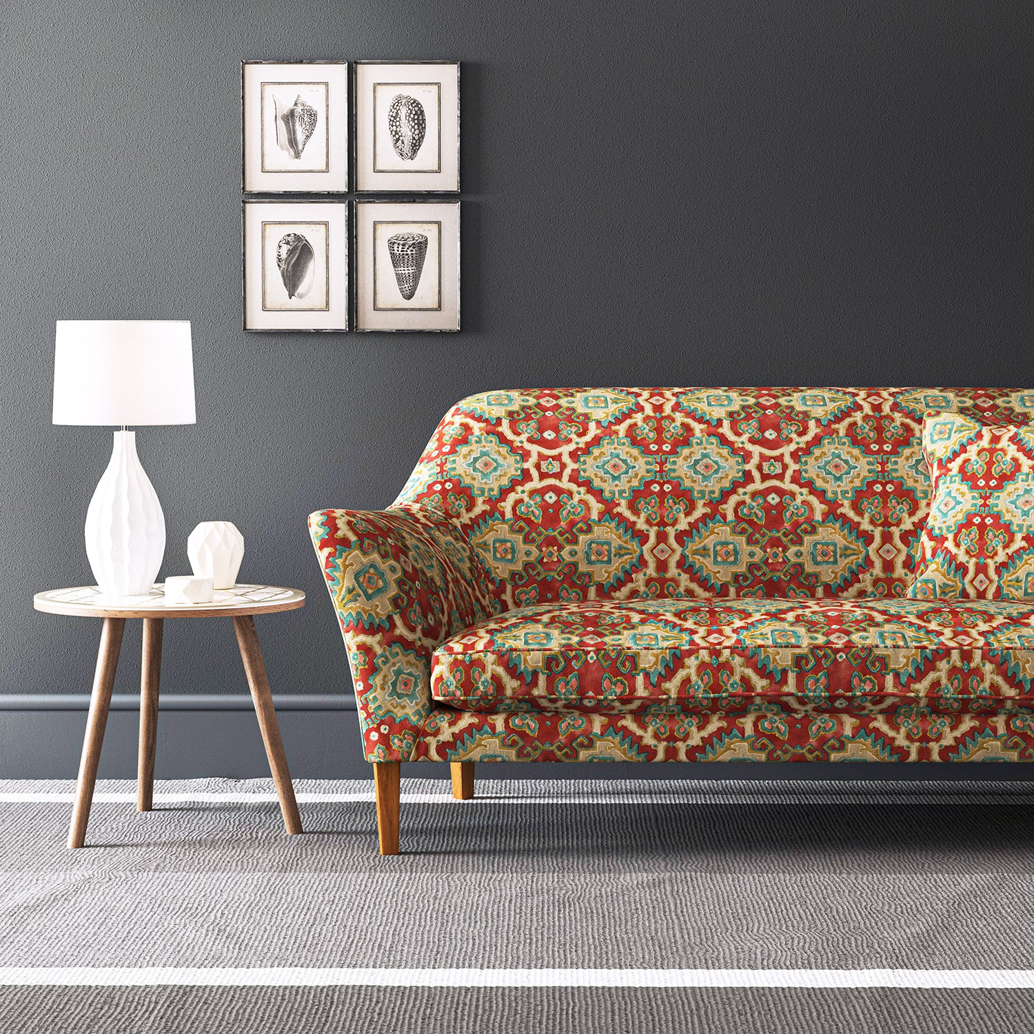 Velvet sofa upholstered in a printed velvet fabric with an oriental geometric design in multicolours