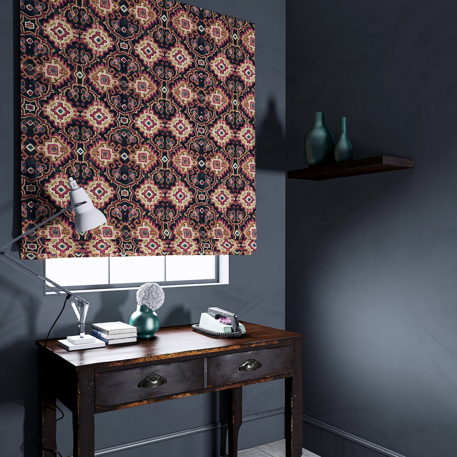 Velvet blind upholstered in a printed velvet fabric with an oriental geometric design in multicolours